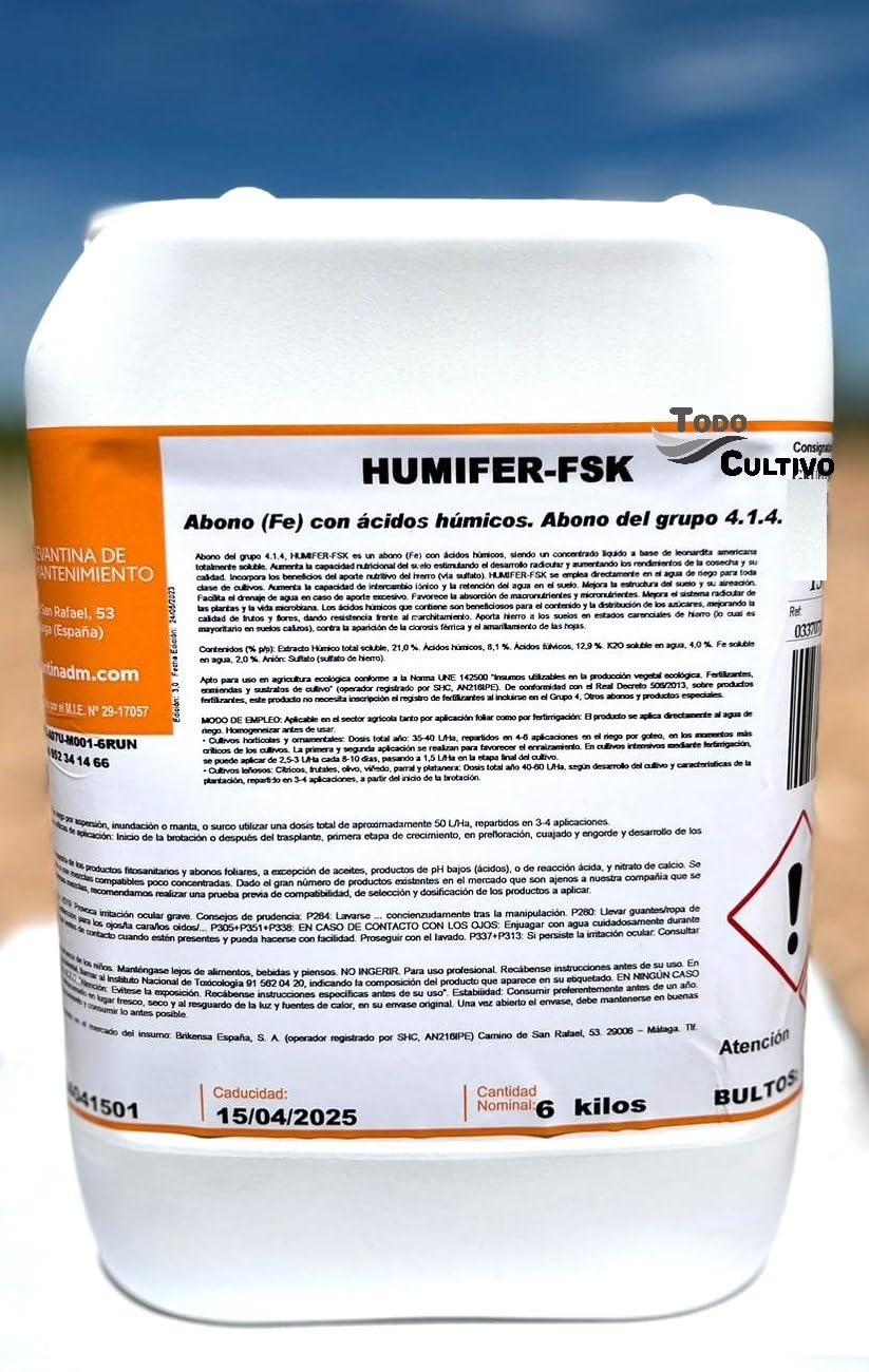 Abono fertilizante liquido a base de acidos humicos y fulvicos y hierro para riego 5l. 6kgs. Leonardita americana.