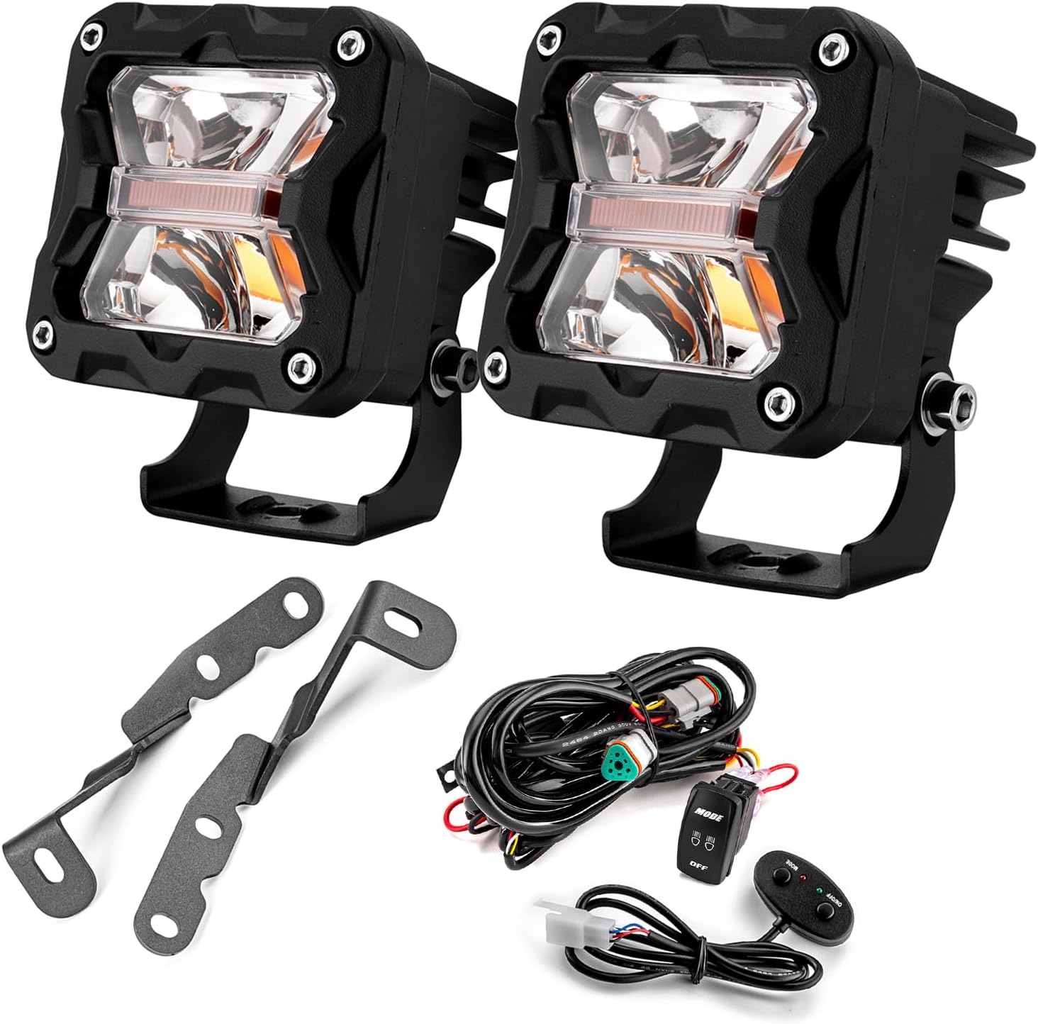 WeiSen Ditch Hood Light Mounting Brackets Kit with 3 Inch LED Light Pods Wiring Harness Compatible with Chevrolet Silverado Fit GMC Sierra 1500 2500 3500 2007-2014