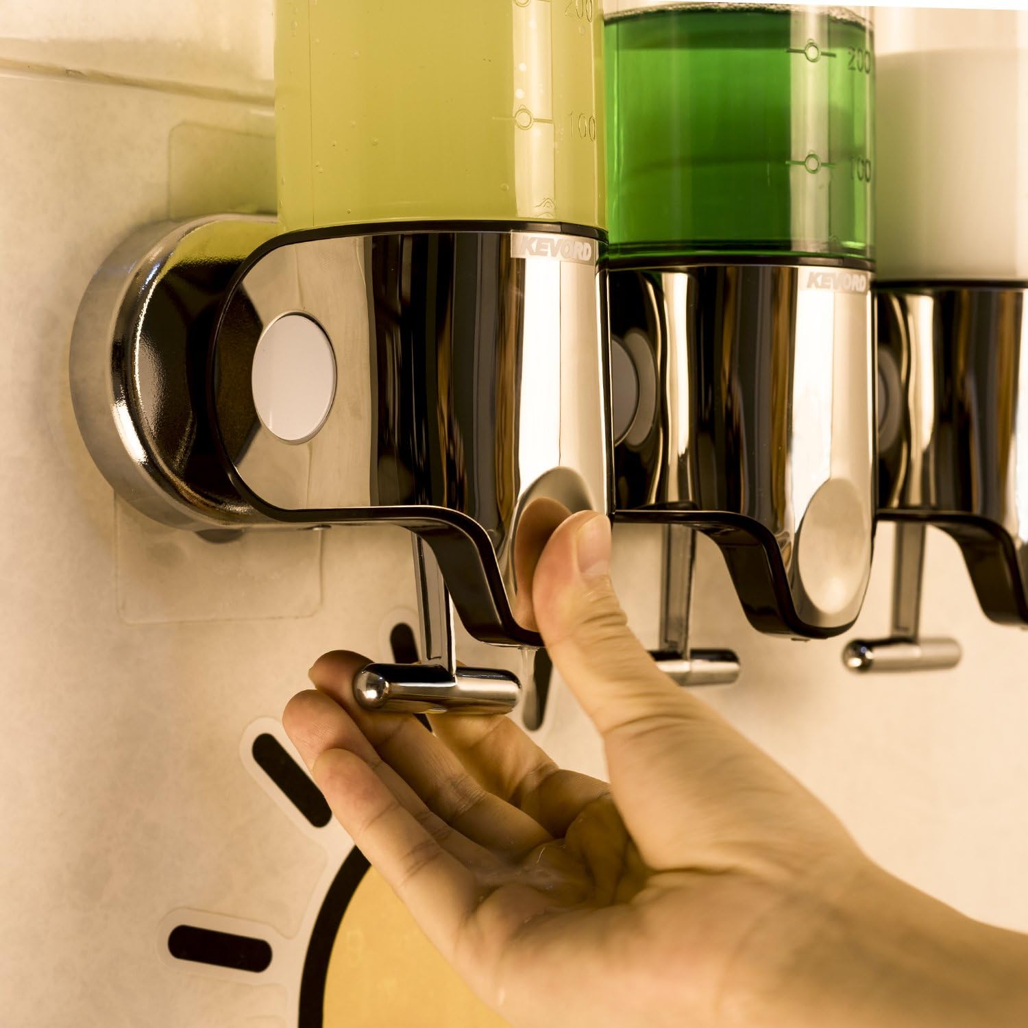 Wall Mounted Shower Dispenser 3-Chamber Combination Soap/Shampoo/Conditioner, Kevord Wall mounting Shower Dispenser Pump 15 oz x 3-Bottles, Stainless Steel + PS + zinc Alloy Handle