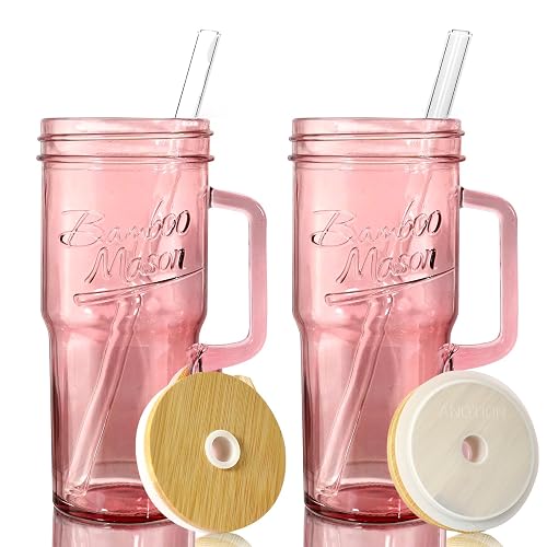 ANOTION Glass Cups with Handle, 24oz Glass Cups with Lids