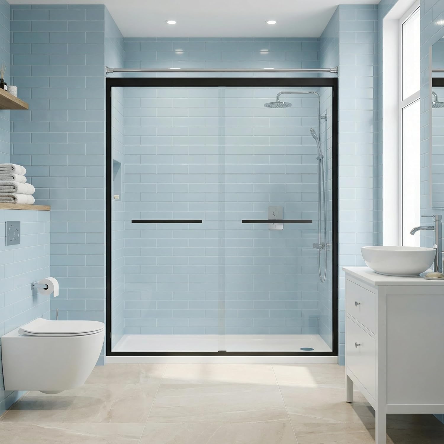 Casaphoria 60" W x 72" H Double Sliding Shower Door, 4" Adjustable Width Glass Shower Door with Stainless Steel Handle,Semi-Frameless Glass Door with 1/4" SGCC Tempered Glass, Matte Black