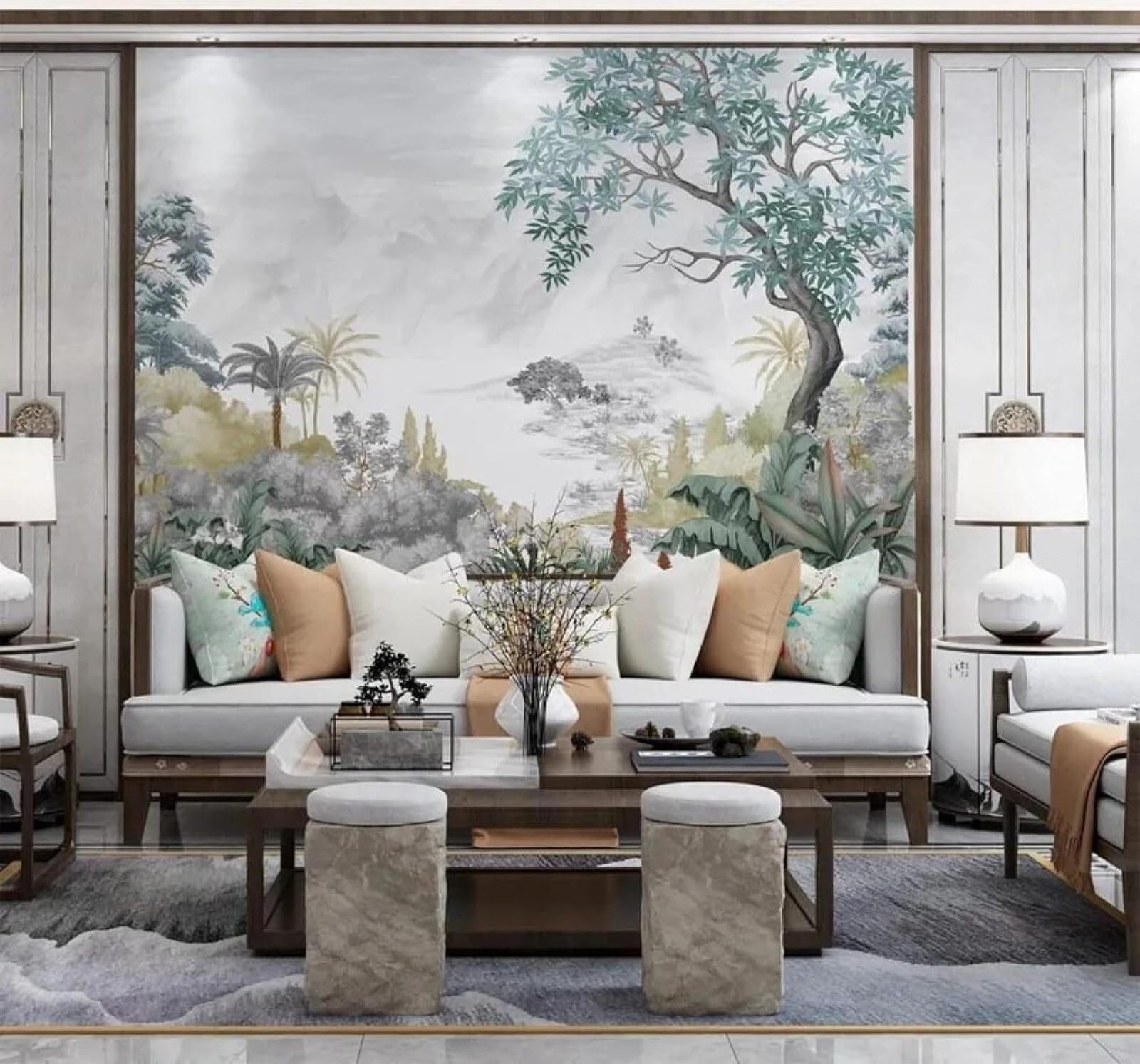 XLMING Hand Drawn Retro Trees Jungle Natural Scenery 3D Wallpaper Premium Textured Silk Study Dining Living Room Bedroom Sofa TV Wall Easy Install-300cm×210cm