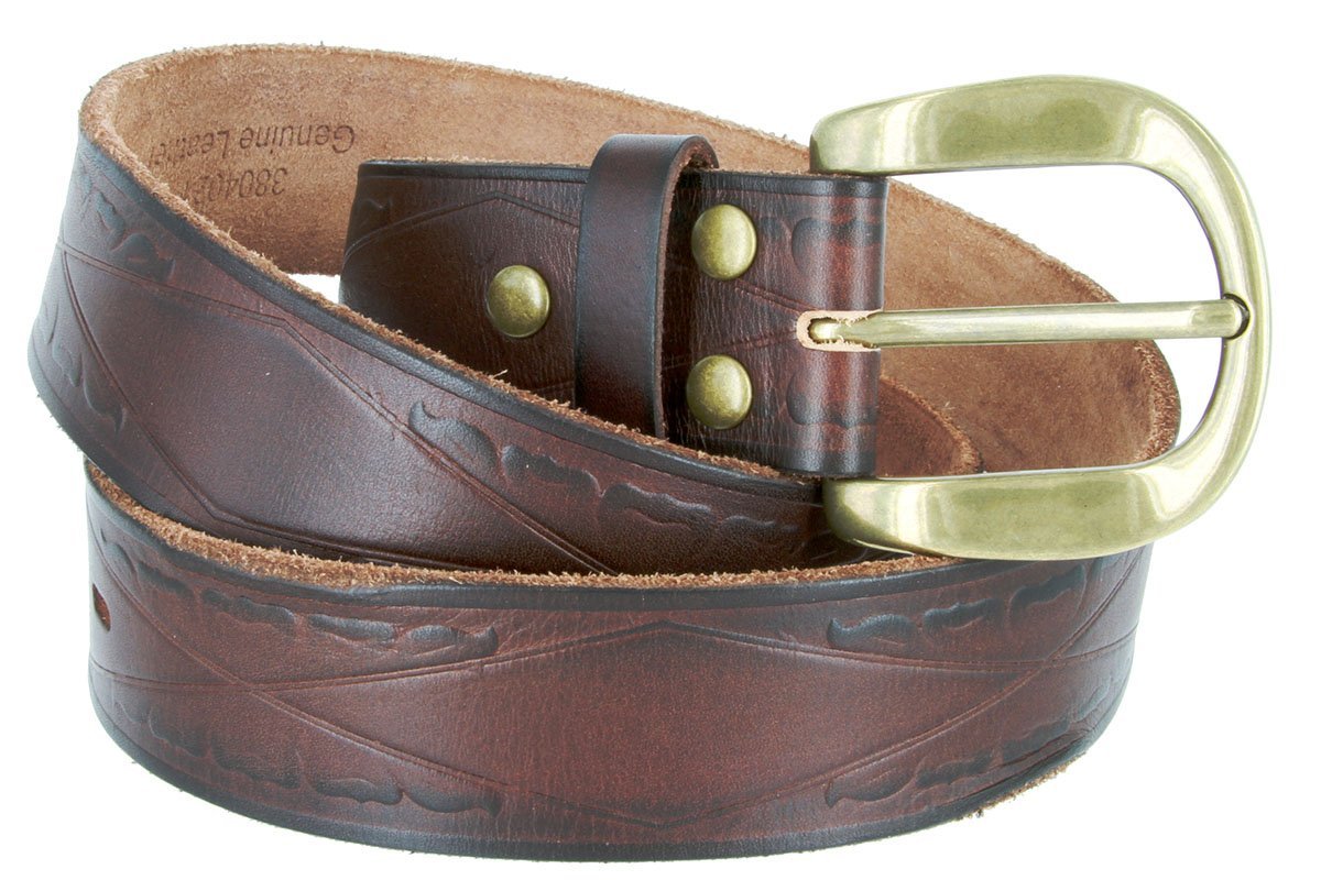 Vintage One Piece Full Leather Diamond Tooled Casual Jean Belt With Brass Finish Buckle (Dark Brown, 34