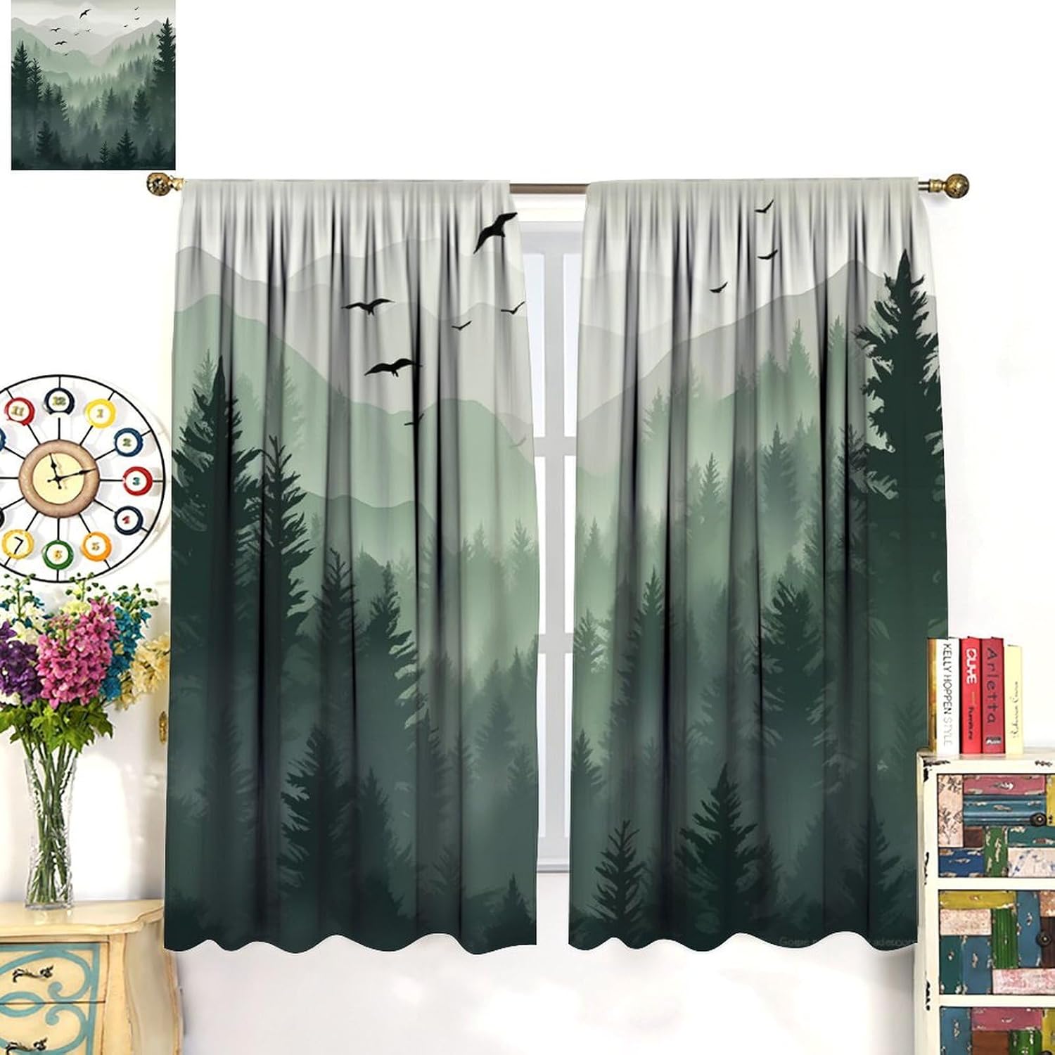 Forest Blackout Curtain for Nursery, Watercolor Green Forest Flying Birds Nature Mountain Tree Woodland Rod Pocket Window Treatments 2 Panels Drapes for Living Room Bedroom Cafe Decor 42"W X 54"L