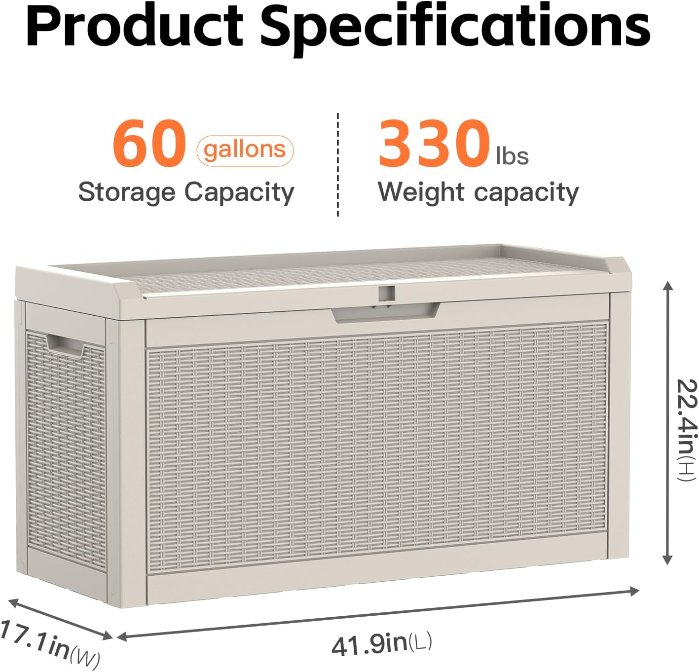 Mars Villa 60 Gallon Outdoor Storage Bench, Deck Box Waterproof Outside Resin Storage Bin for Outdoor Patio Furniture Cushion, Pool Supply, Garden Tool, UV-Resistant and Weatherproof, Rattan Greige