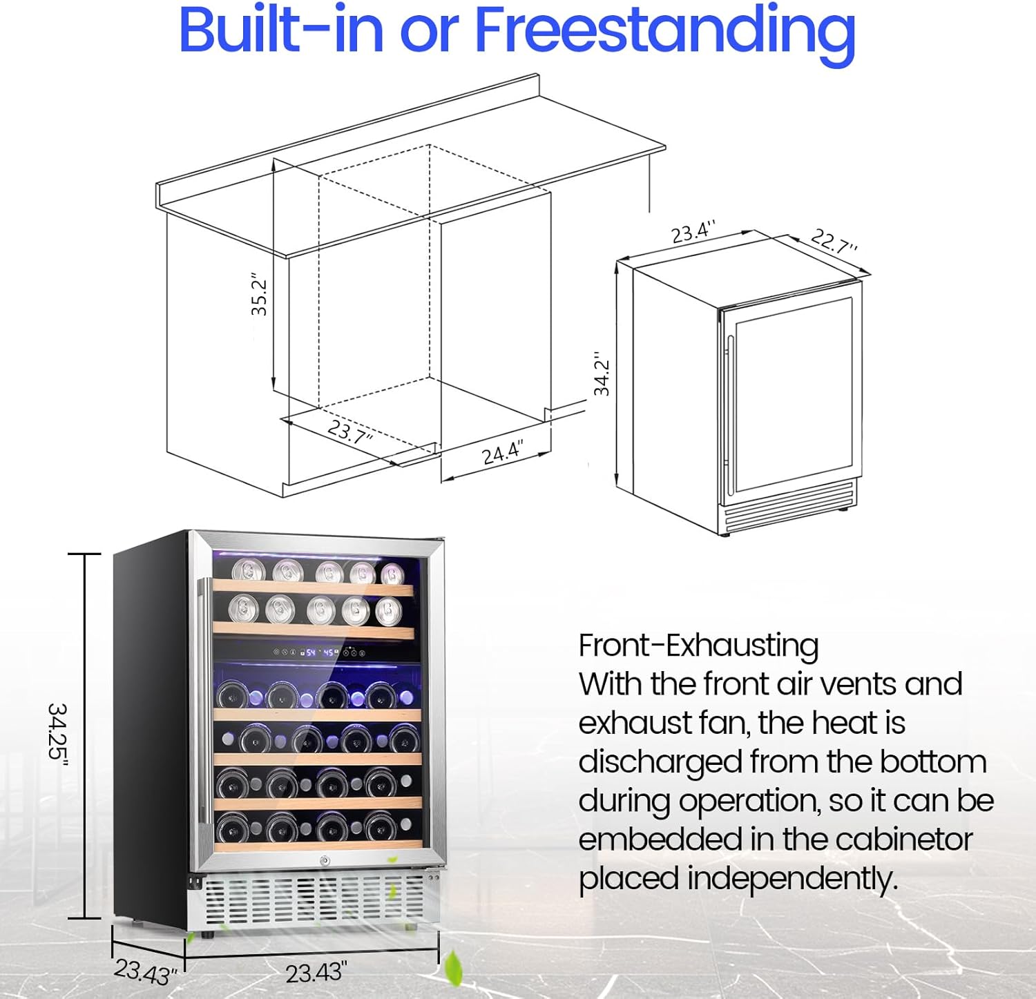Diagram showing dimensions for built-in and freestanding installation