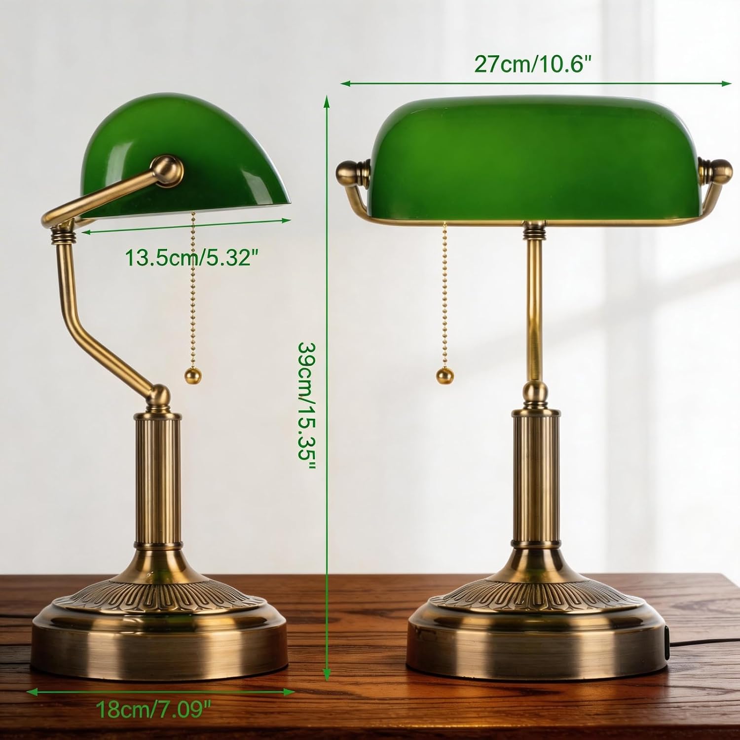 Vintage Bankers Lamp, Green Glass with Antique Brass Finish, USB & Type-C Charging Ports, Pull Chain Desk Lamp for Home Office, Piano, Library (Green)