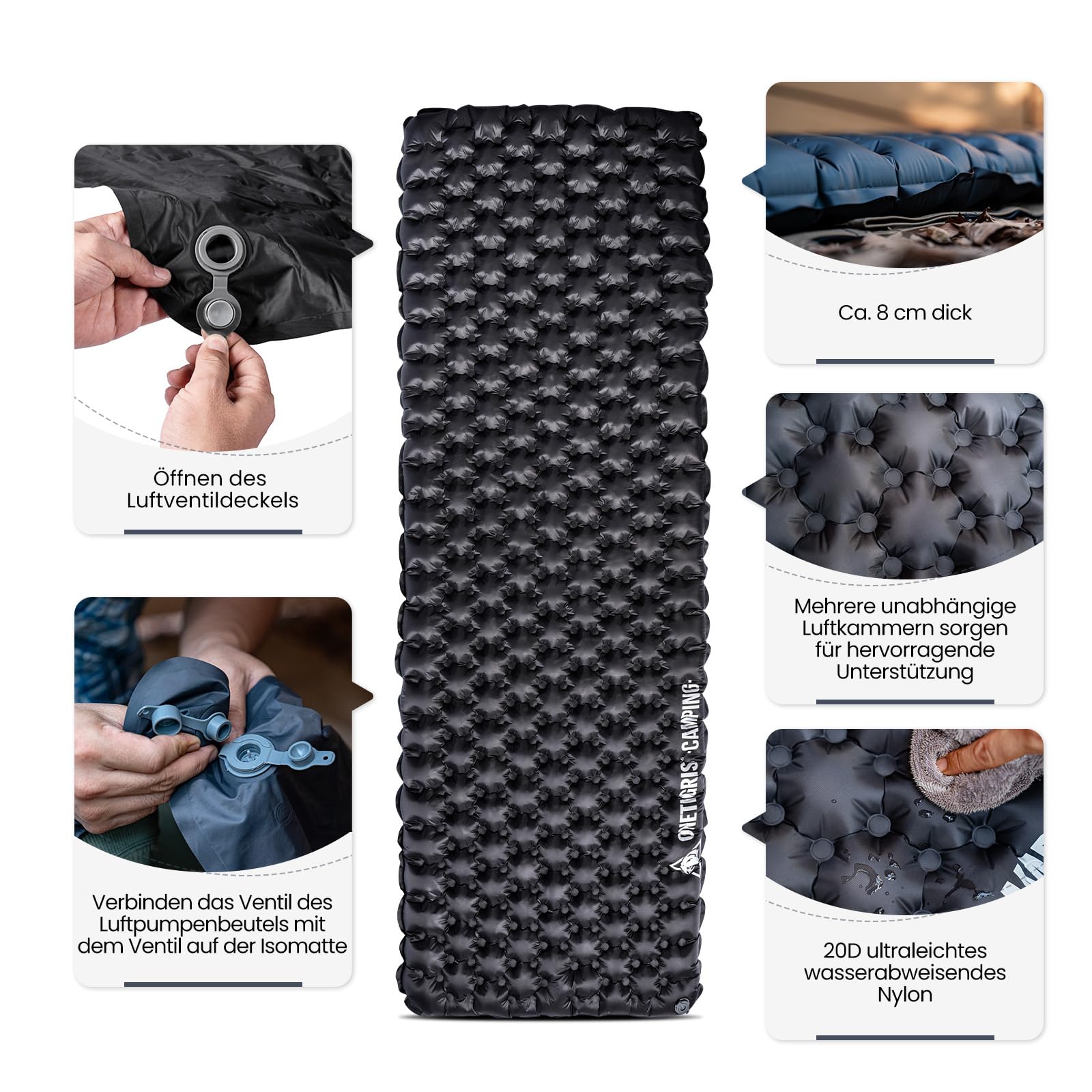 OneTigris Obsidian Isomatte Ultraleicht 8 cm mit Pumpensack, R-Wert 5,2 | 8 cm dicke Luftmatratze, Isomatte Outdoor ultraleicht faltbar, aufblasbar, für Camping, Wandern, Auto, 1 Person, 189cm×63 cm