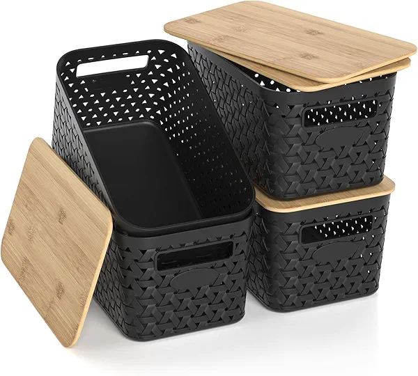 ZFTMRR Plastic Storage Bins with Bamboo Lids, Stackable Small Box Baskets for Organizing and Containers for Shelves Drawers Desktop Closet Pantry Classroom Office Home, 4 Pack 12x7.3x6.2 Inch, Black