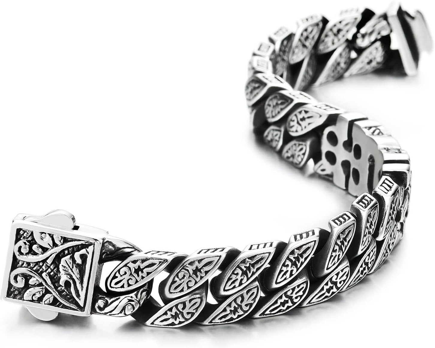 COOLSTEELANDBEYOND Men's Stainless Steel Norse Scroll Curb Chain Bracelet, Antique Celtic Warrior Bangle, Embossed Relic-Style Jewelry Gift for Him - Image 5