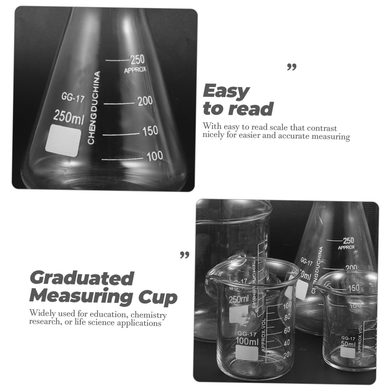 CRAFTHROU Set di 9 Pezzi di Vetro per Laboratorio Pallone Conico e Bicchiere Graduato da 50ml a 250ml Scala Facile da Leggere senza Perdite per Educazione e Cucina