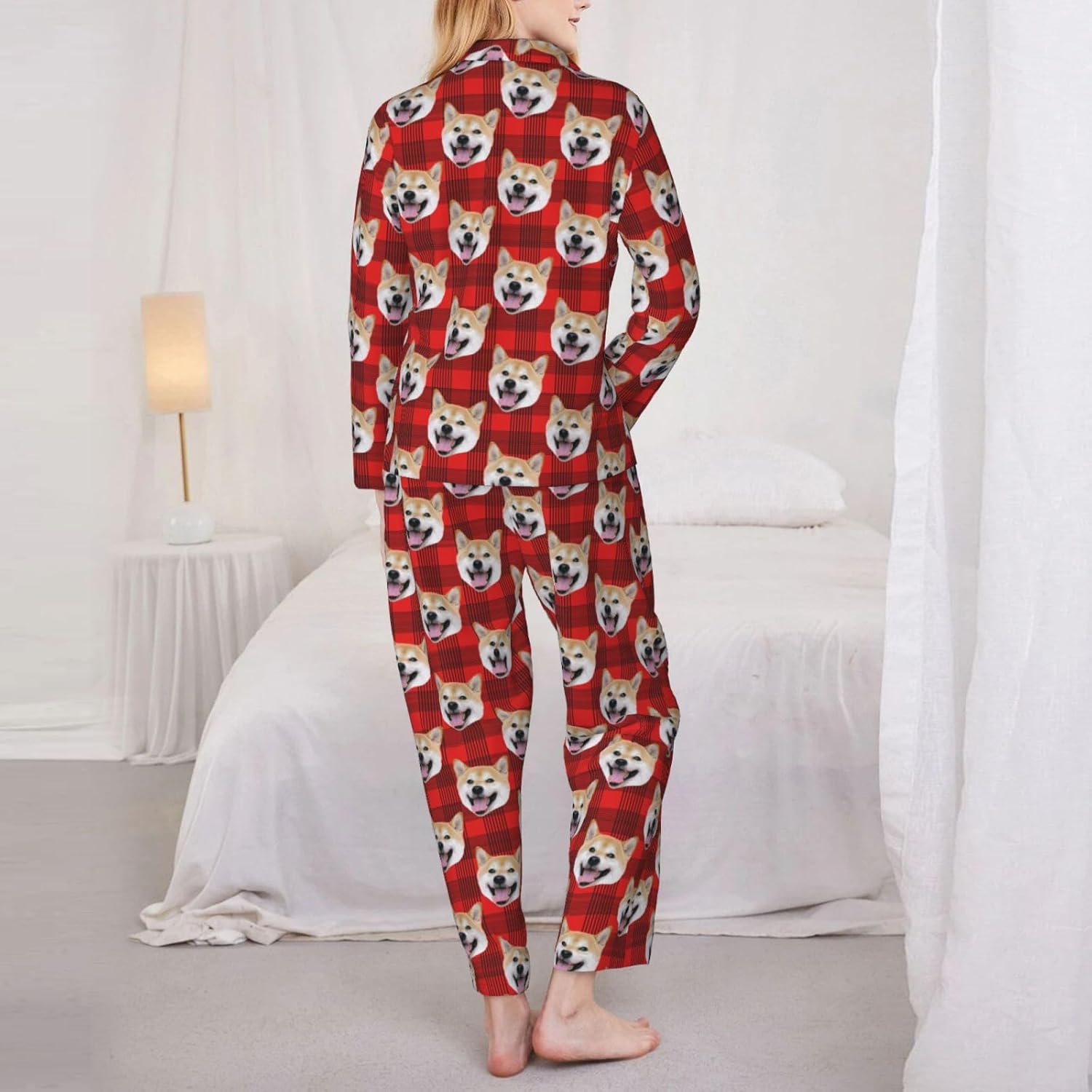 Customized Plaid Pajama Sets for Unisex with Dog Cat Face Photo, Personalized Matching Couple Pjs Gifts Birthday