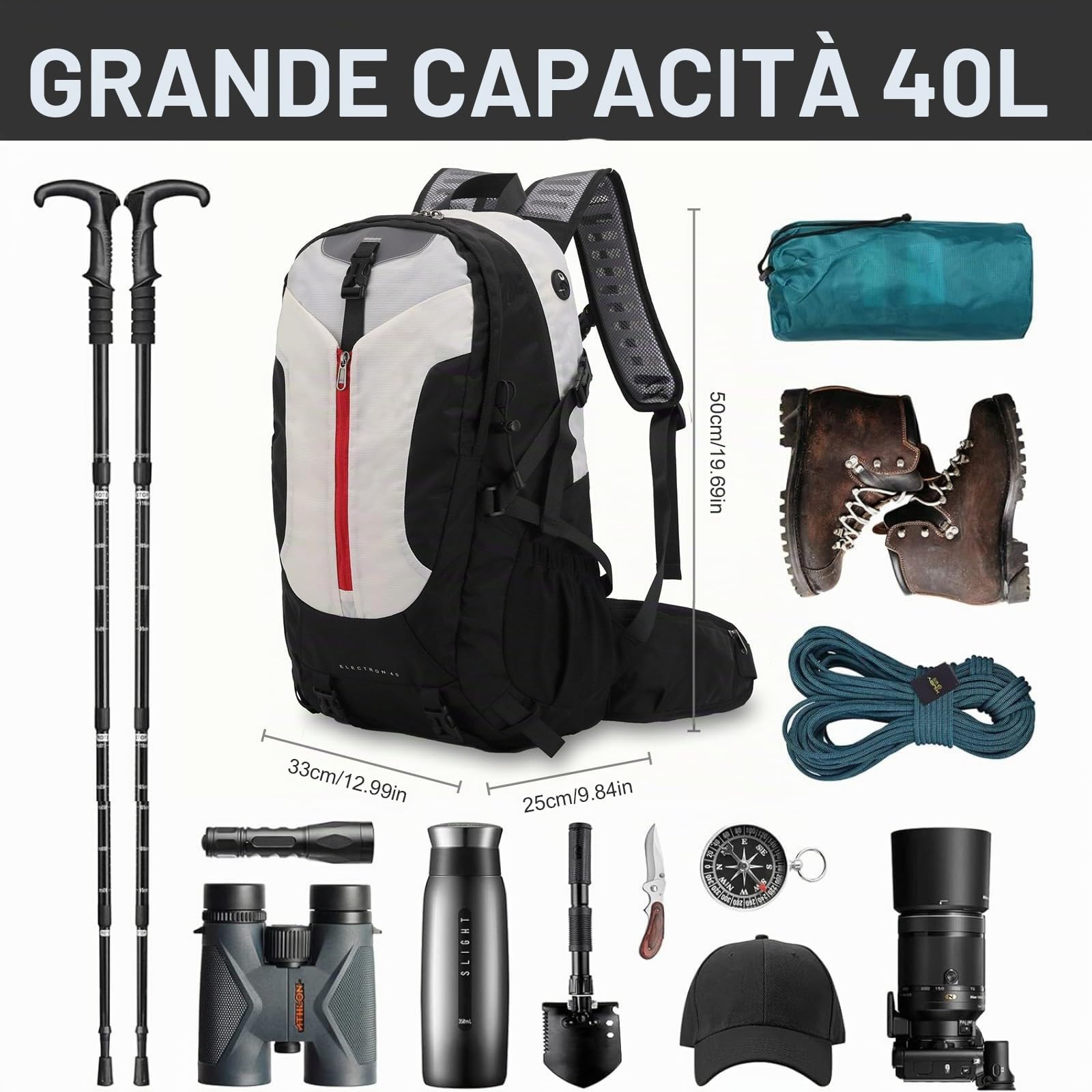40L Zaino Trekking per Uomo Donna, Nero