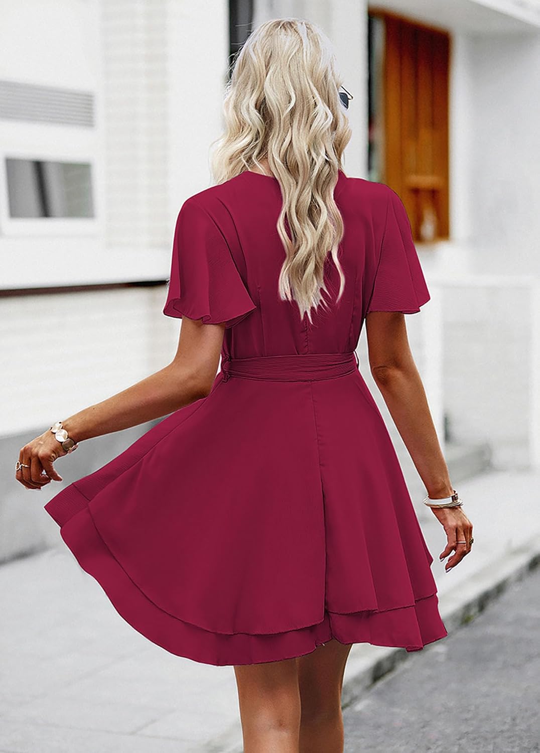 Krumba Short Sleeve Women Dress: V-Neck Ruffle Tie Waist Pleated Mini - Casual Wear for Wedding Guest Beach Summer Party Trip - Image 8