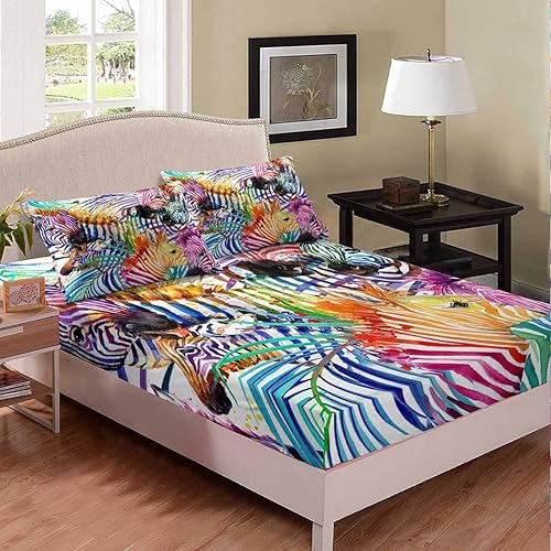 Miniatura 1 de Feelyou Juego de sábanas de cebra con estampado de cebra de acuarela y cebra de colores graffiti hojas de arte abstracto, 1 sábana bajera ajustable