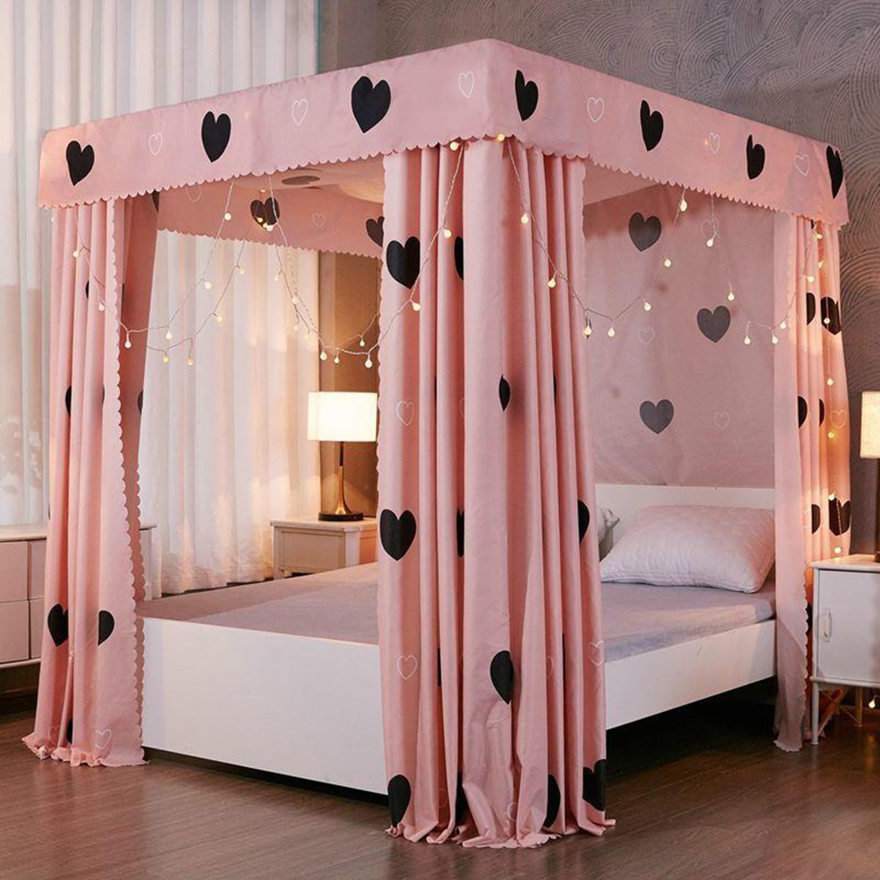 Square One Piece 4 Corner Mosquito Netting Bracket, Stainless Steel Mosquito Net Frame, Bed Stand Canopy Post with Curtain, for Bed,D,QUEEN