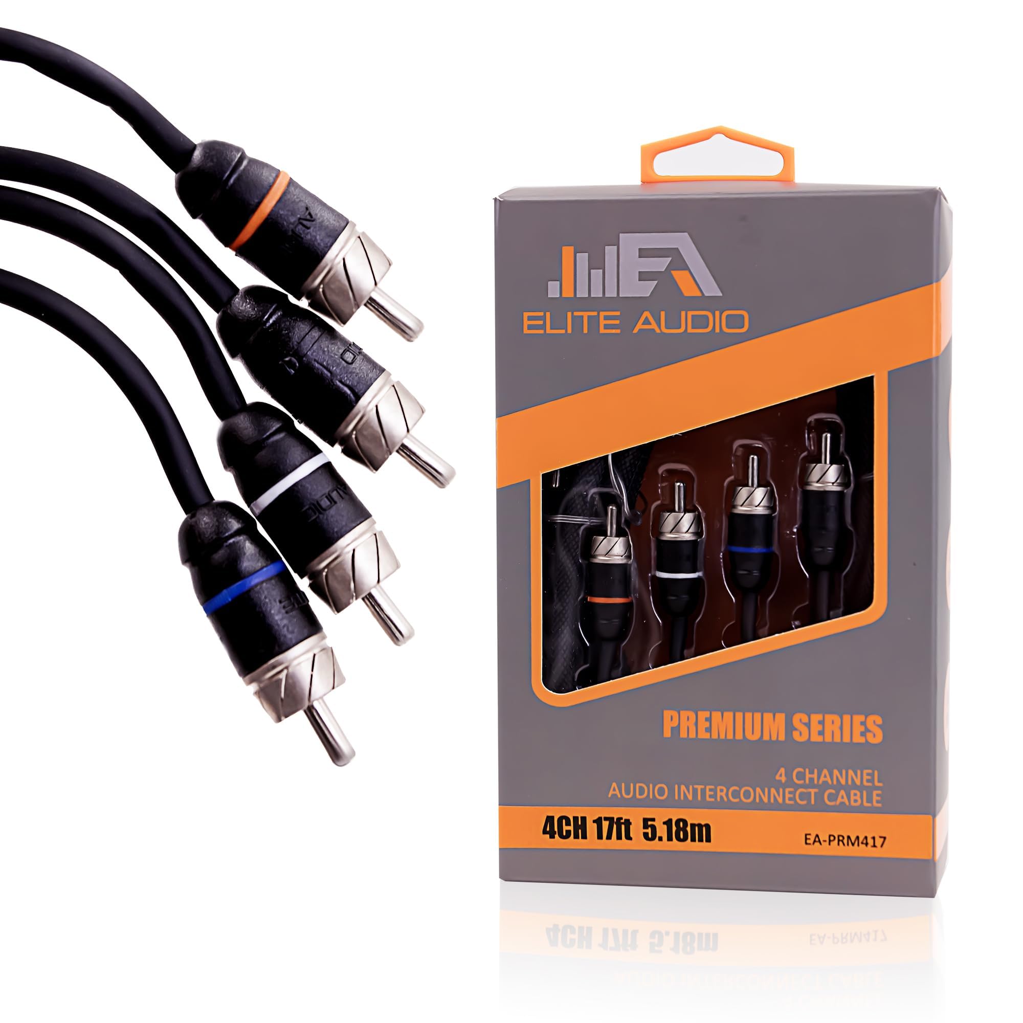 Elite Audio | Premium Series 4-Ch. RCA Audio Cable | 17ft. Long | 100% Tinned OFC Copper | Brass Connectors | Foil Shielding | Reduced Signal Distortion | Braided Armor | EA-PRM417