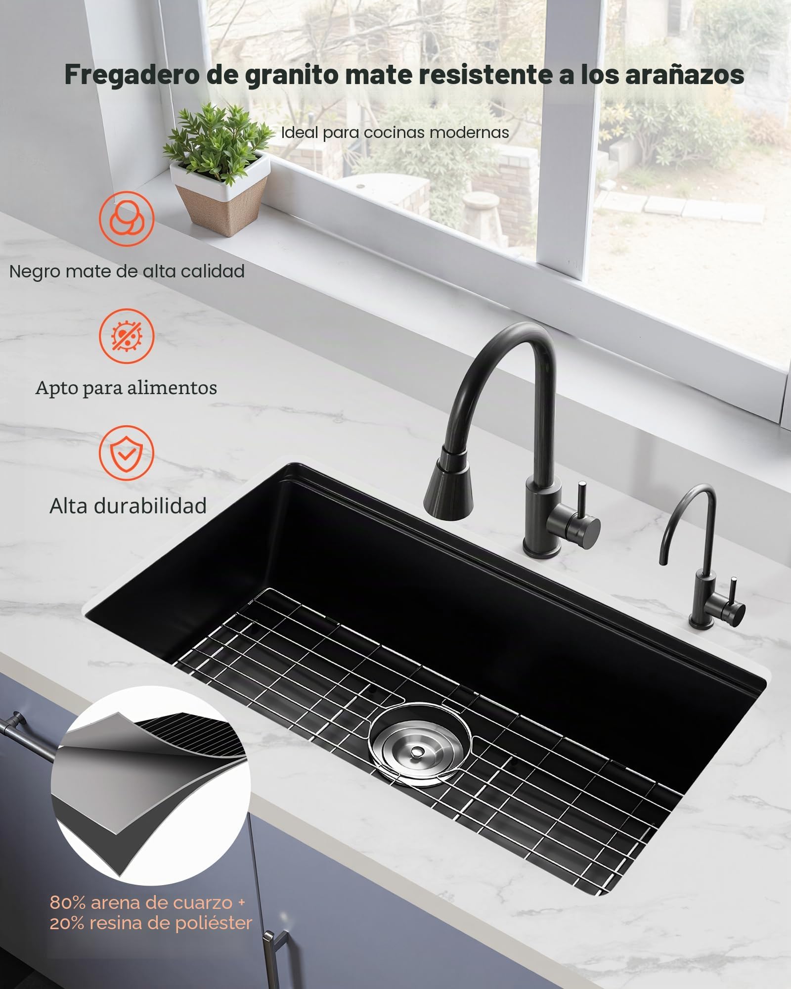 VEVOR Fregadero de Cocina de Granito Doméstico Montaje en Superficie, Fregadero Empotrado de Estilo Rústico con Accesorios, para Autocaravanas, Cocinas de Preparación, Negro, 762 x 457 x 230 mm