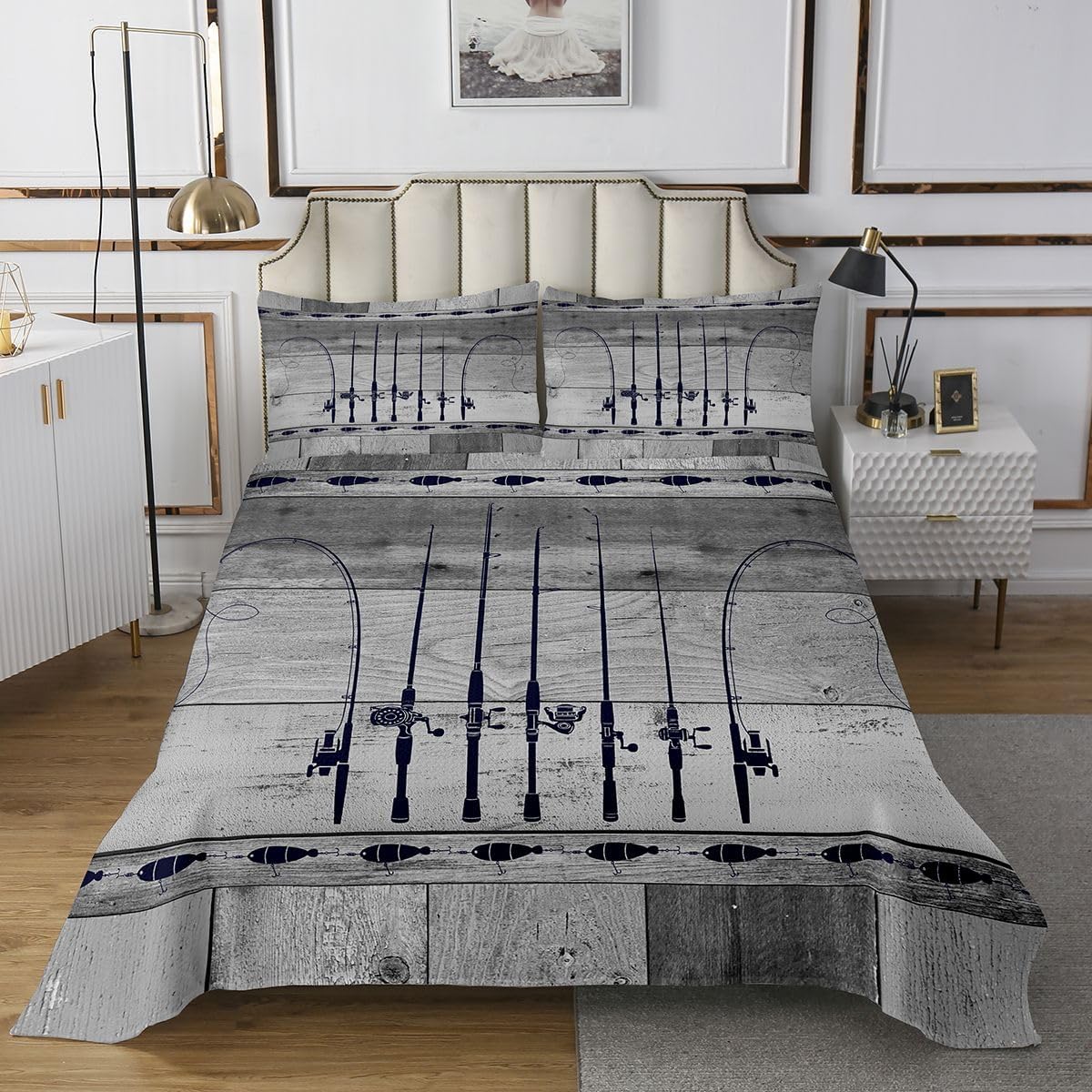 Erosebridal Fishing Coverlet Set Queen Fishing Pole Quilt Set Fishing Gifts for Men,Vintage Patchwork Wood Bedspread Set Go Fish Bed Set,Angle Hook Fishing Accessories Rustic Home Decor,Grey
