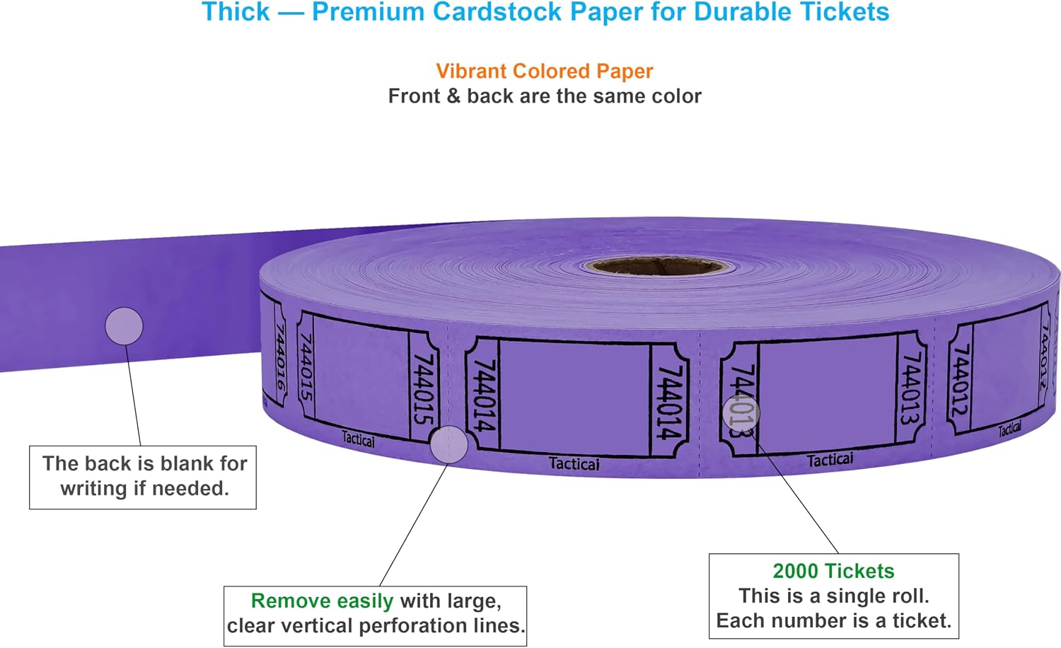Tacticai 2000 Blank Raffle Tickets, Single Roll, Purple | 8 Color Options, Premium Cardstock, Clean-Tear Perforations, for Events, Fundraisers & Prizes — Proudly Made in USA