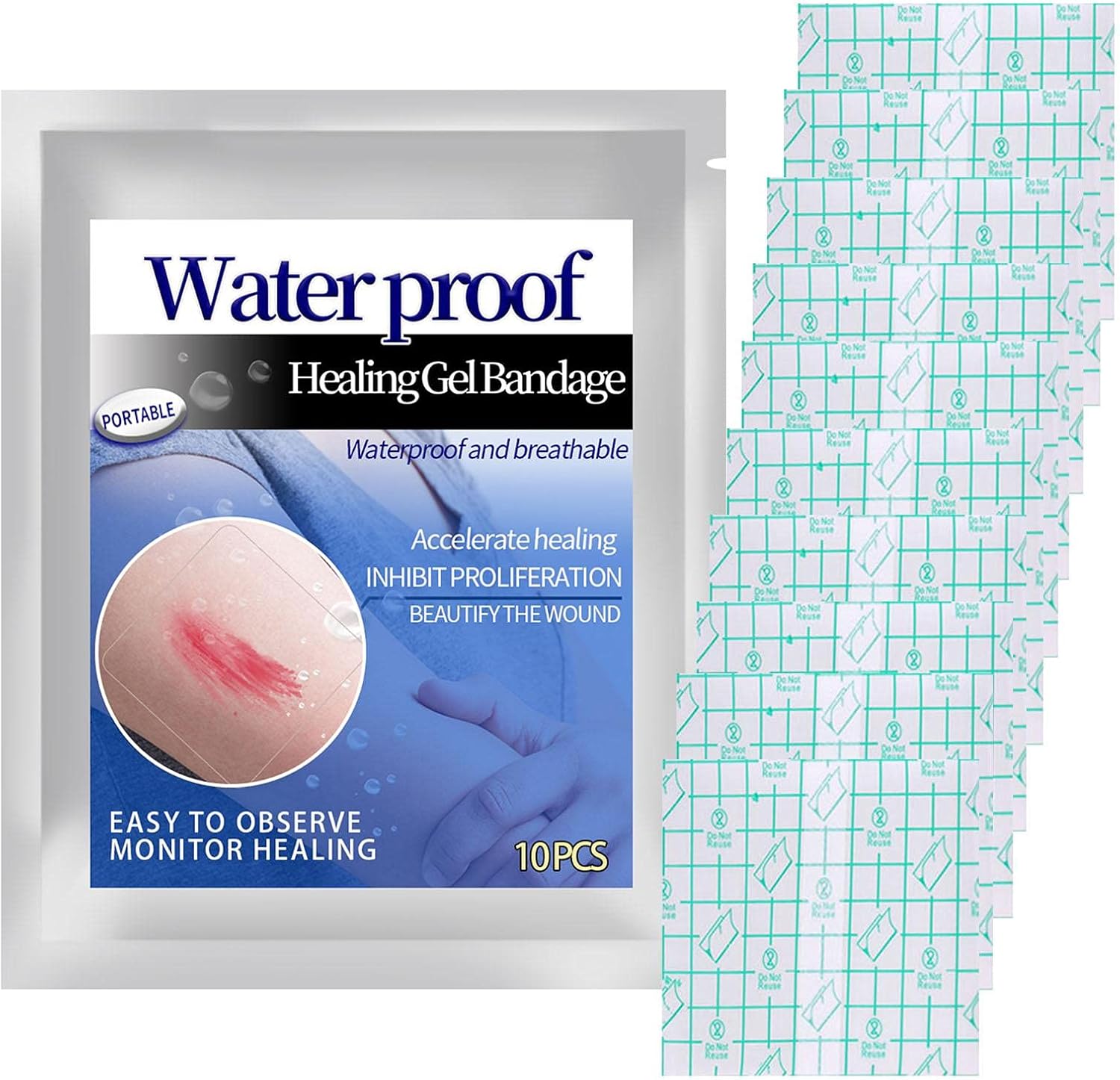 Vendaje de gel, vendajes de gel curativo a prueba de agua, película de poliuretano suave y transpirable, embalaje higiénico separado, no es fácil de caer después de la ducha y natación (10 piezas)