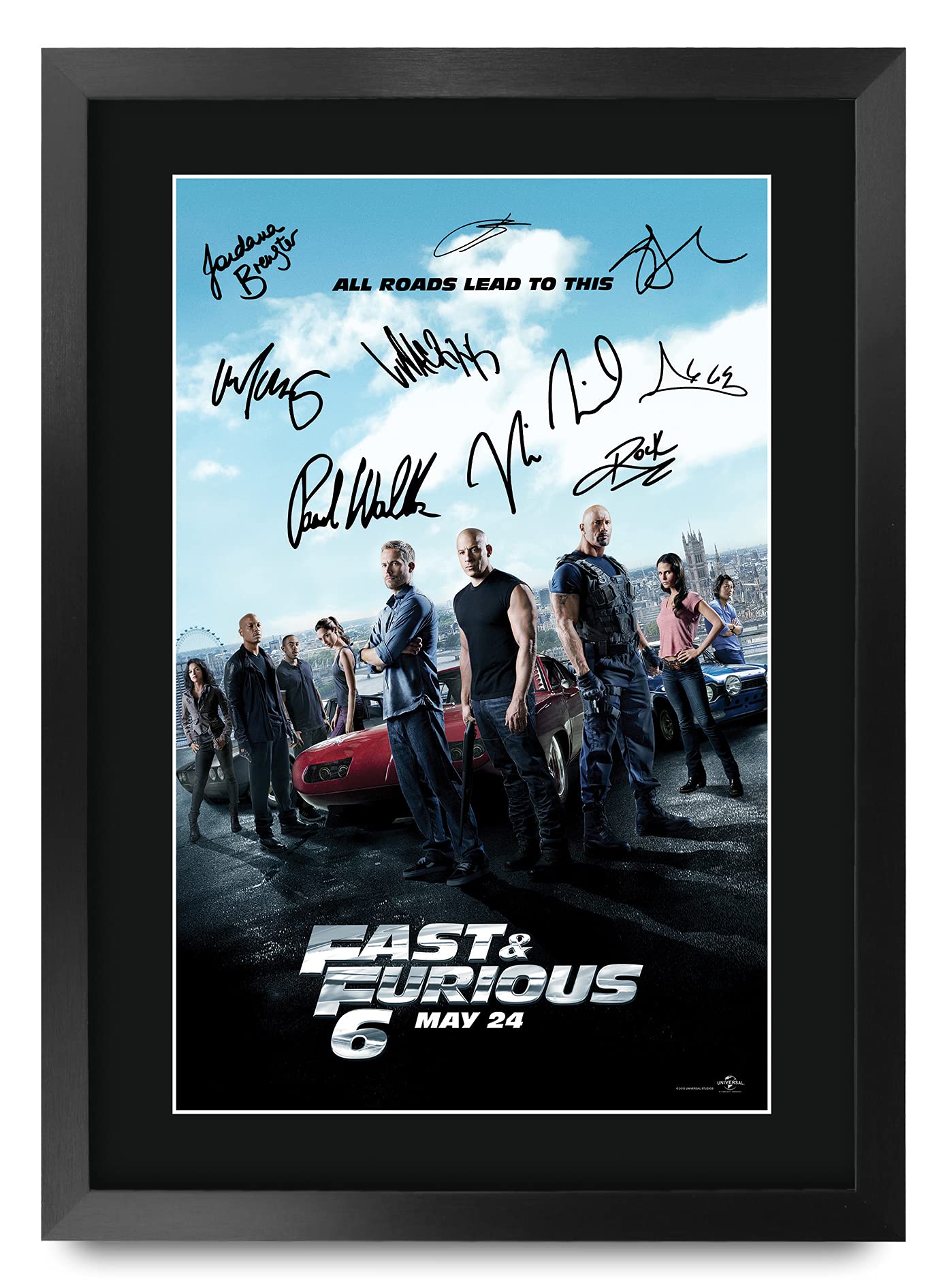HWC Trading Poster mit Autogramm und Autogramm von FR A3 Fast & Furious 6 Vin Diesel, Paul Walker, Dwayne Johnson Gifts, für Film-Fans – A3 gerahmt