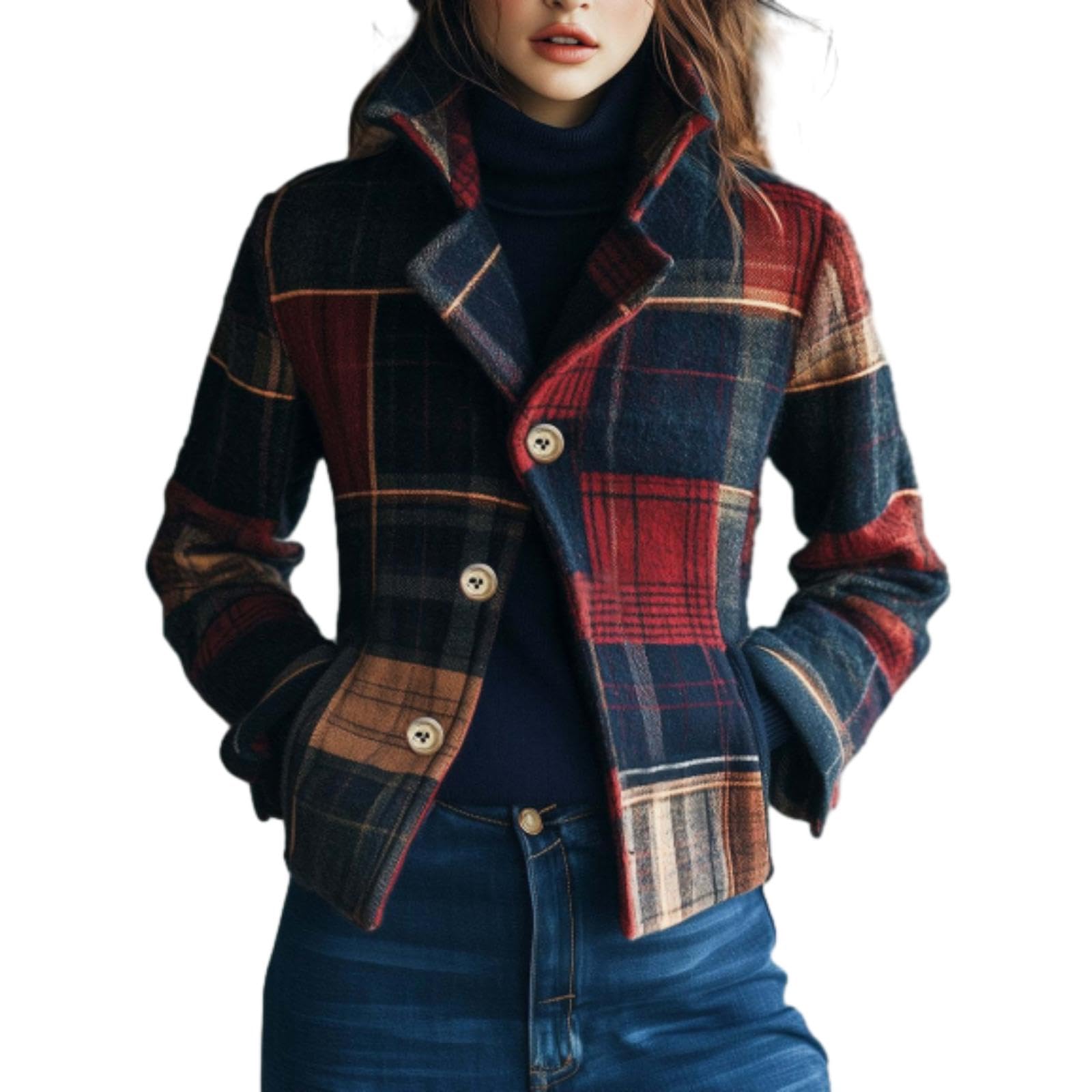 Womens Plaid Wool Blend Blazer Jacket Button Front Short Coat with Lapel Collar Fall Winter Casual Warm Outerwear