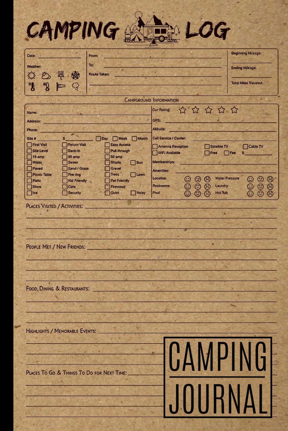Camping Journal: RV travel Logbook | A Campsites Log Book for Camping Enthusiast and Traveler to Track and Record Journey & Adventure | Campground ... Gift Idea for Campers, RV Lovers & Hikers