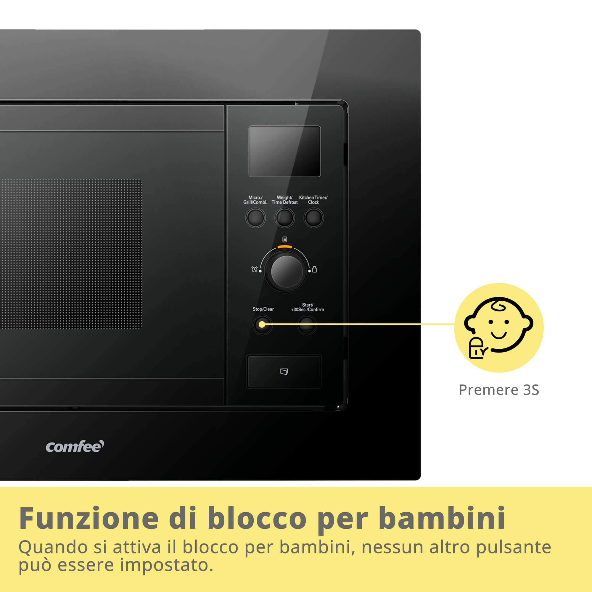 COMFEE' Forno a Microonde da Incasso Digitale, 20 Litri, 800W, Grill, 5 Livelli di Potenza, 8 Menù automatico, Funzione Defrost Rapido, Nero- CBMAG820BJL-BK
