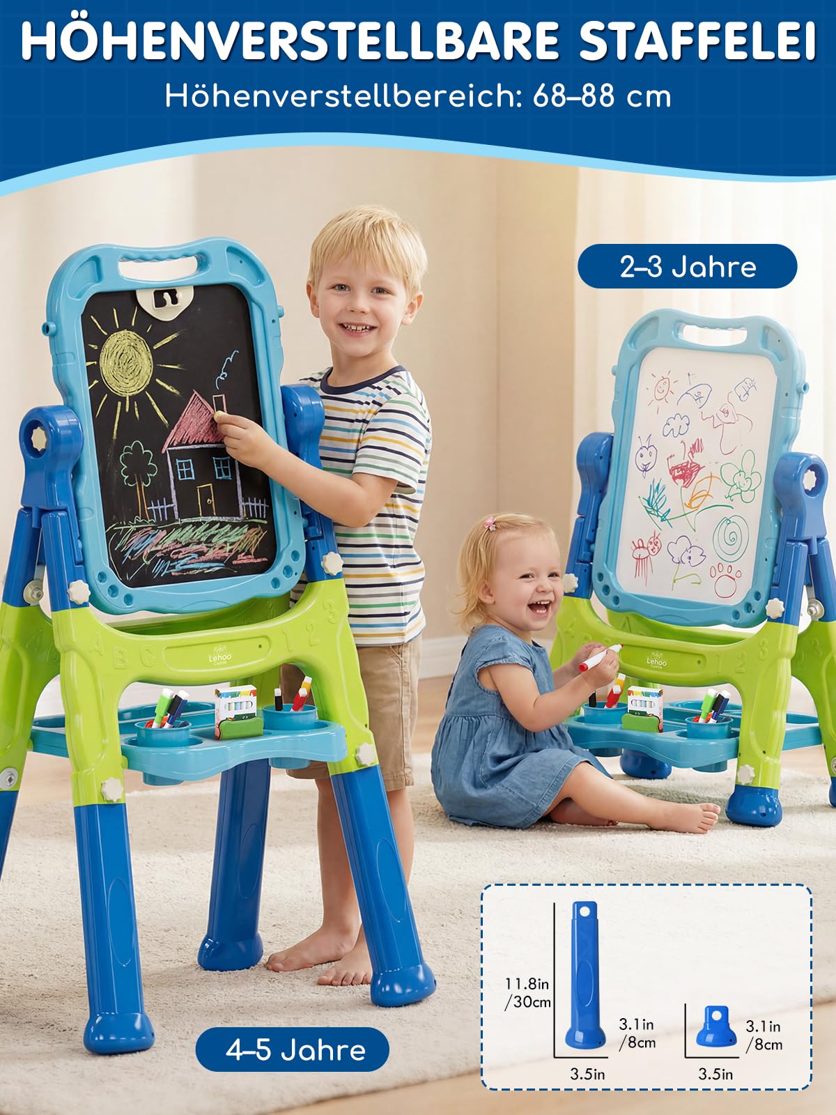 Lehoo Castle Tafel Kinder, Kindertafel mit Kreidetafel & Whiteboard 360 drehbare Höhenverstellbar schultafel für kinder mit Zubehör, Spielzeug ab 3 jahre mädchen Jungen(Blau)
