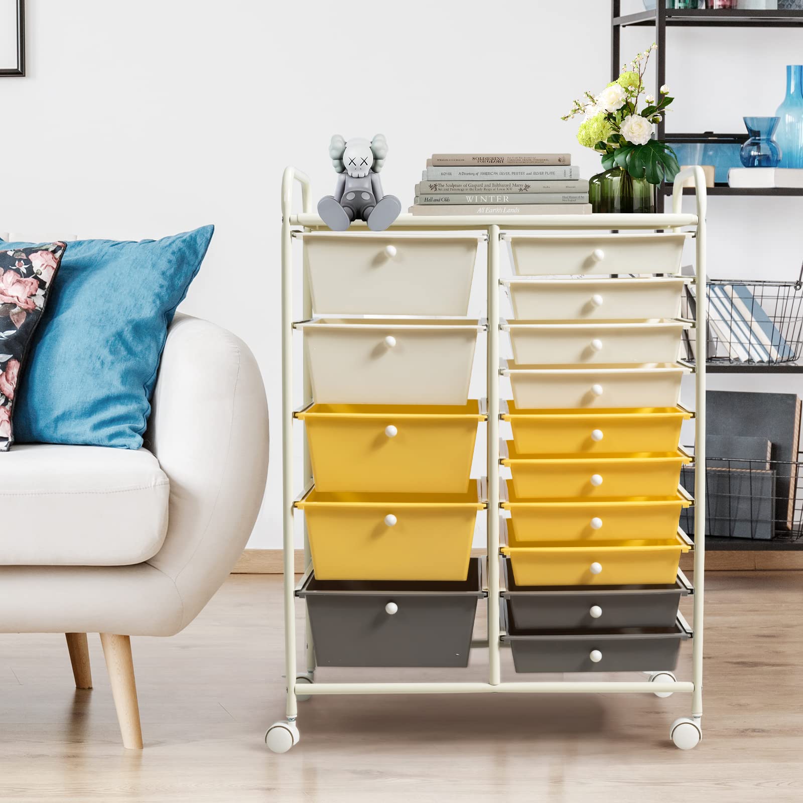 GOPLUS Chariot de Rangement 15 Tiroirs, Tiroir Détachable, Tour de Rangement à 4 Roulettes, 2 avec Frein, pour Chambre, Bureau, 63 x 37 x 87 CM, Jaune