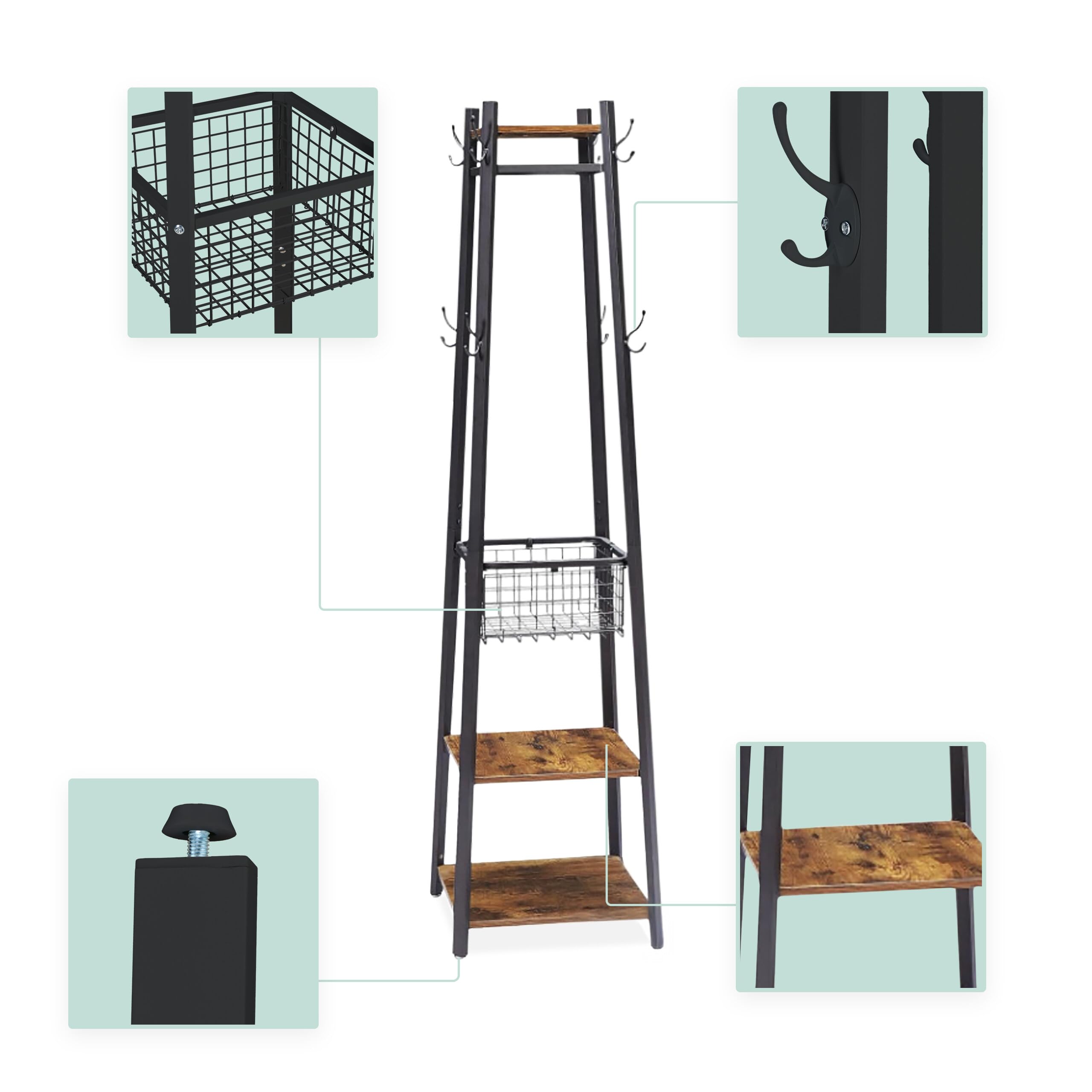 Relaxdays Appendiabiti, 3 Ripiani e 8 Ganci, HLP 181x43x43 cm, con Cesto, Ingresso, Metallo, Nero
