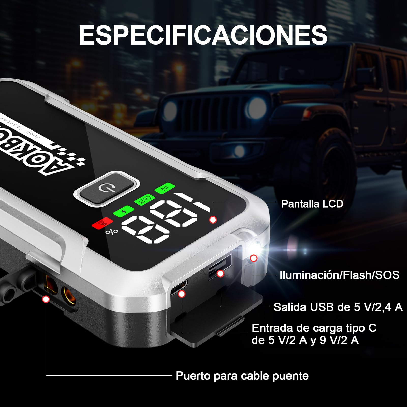 Arrancador de Coches 7000A 12V Arrancador de batería para Todo Gasolina o 10L de Diésel Booster con Pantalla LCD Grande Clips de Seguridad Inteligentes Carga USB y Luz LED