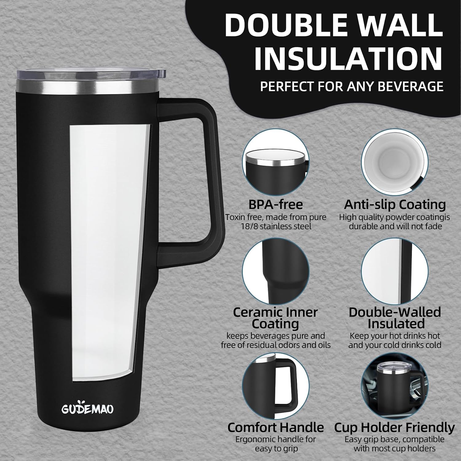 40 oz Insulated Coffee Mug with Ceramic Coating, Stainless Steel Travel Coffee Tumbler with Handle Lid and Straw, Double Wall Leak-Proof Coffee Travel Mug Keeps Drink Hot and Cold (Black)