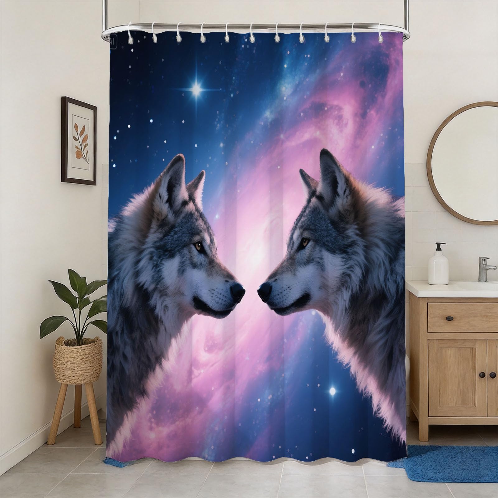 Hongduo 3D Galaxy Wolf Shower Curtain for Stalls Bathtubs Fantasy Starry Sky Bathroom Decor Shower Curtain Set Polyester Fabric Waterproof 200x200cm/79X79 Inch with Hooks