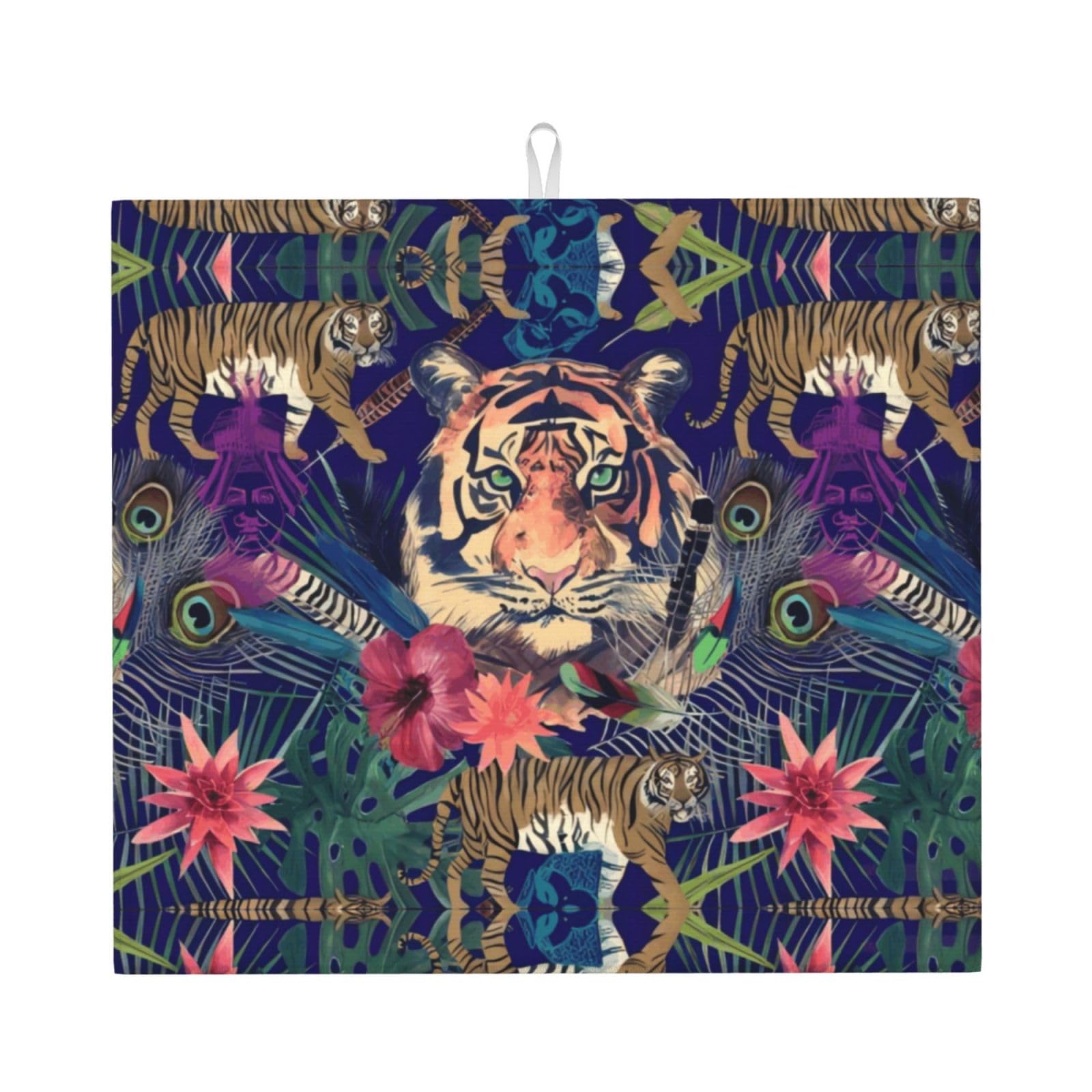 HJFCZH Tiger Floral Flower Prints Kitchen Drying Mat – Absorbent Dish Throw for Countertops, Quick-Dry Non-Slip Layer with Colorful Designs, for New Kitchens