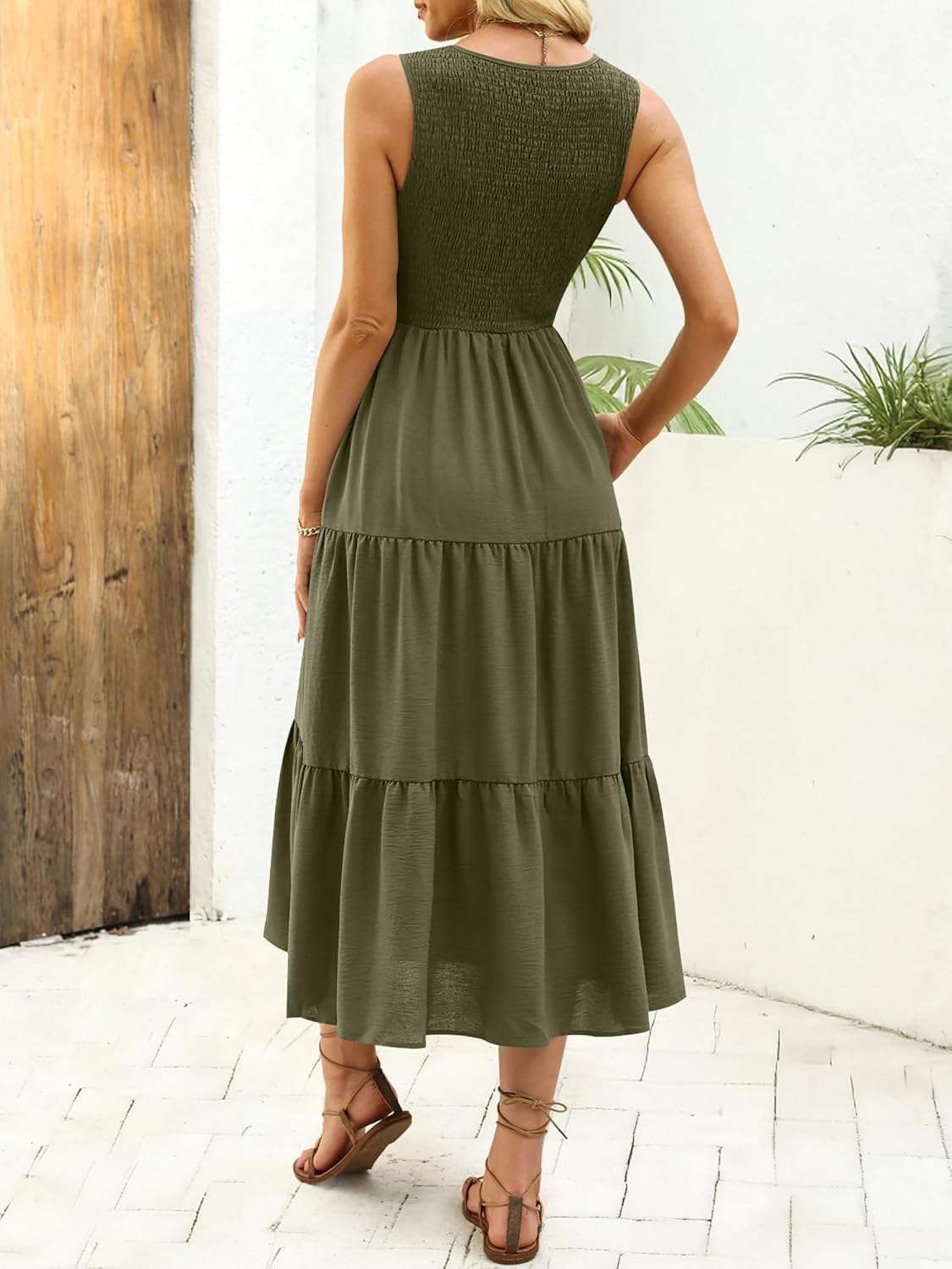 ANRABESS Women's Summer Casual Maxi Dress Sleeveless Crewneck Smocked 2026 Flowy Plaid Tiered Boho A Line Beach Long Sundress - Image 4