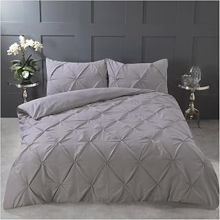 【Grey】 Pintuck Duvet Cover Set Pinch Pleated Quilt Cover bedding 600TC Ultra Soft Touch Silk Like Satin luxury premium quality Microfiber Wrinkle & Stain Resistant (Double 200x200 cm)