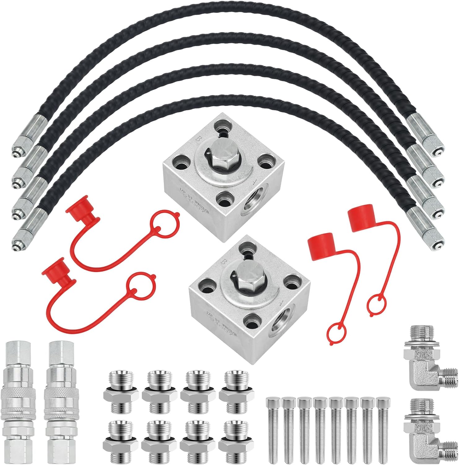 Three-Way Diverter Valve Kit for 1-2 Ton Mini Excavators Compatible with AGT、 Diggit、 Eingp、 Miva、 Lanty、FF12、 QH12、 H15、 FF15 Replacement 31-Inch Hose and Quick Connects Adapters