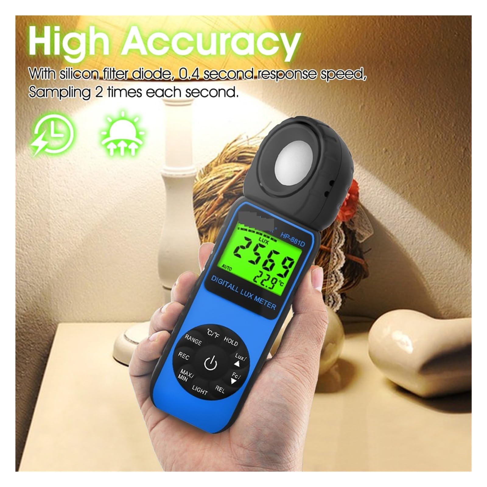 Medidor de Luz, Luxómetro digital compacto, pantalla de gráfico de barras de 3999 cuentas, transductores de diodo de silicio con filtro de luz for monitorizar el crecimiento de las plantas.(Yellow)