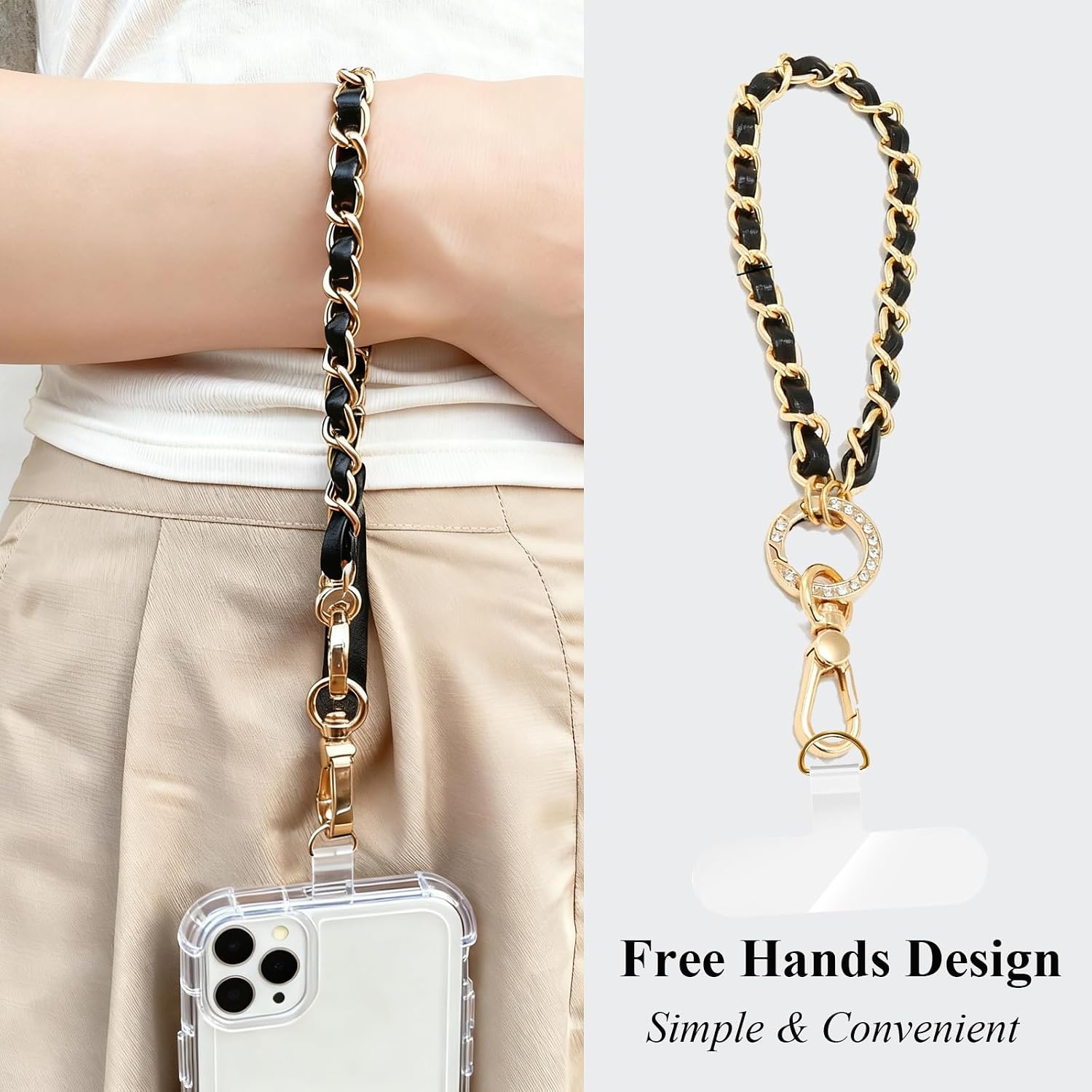 Phone Wrist Strap for Women & Moms, Metal Chain & Leather Phone Lanyard with Tether Tab, Hands-Free Wristlet Bracelet