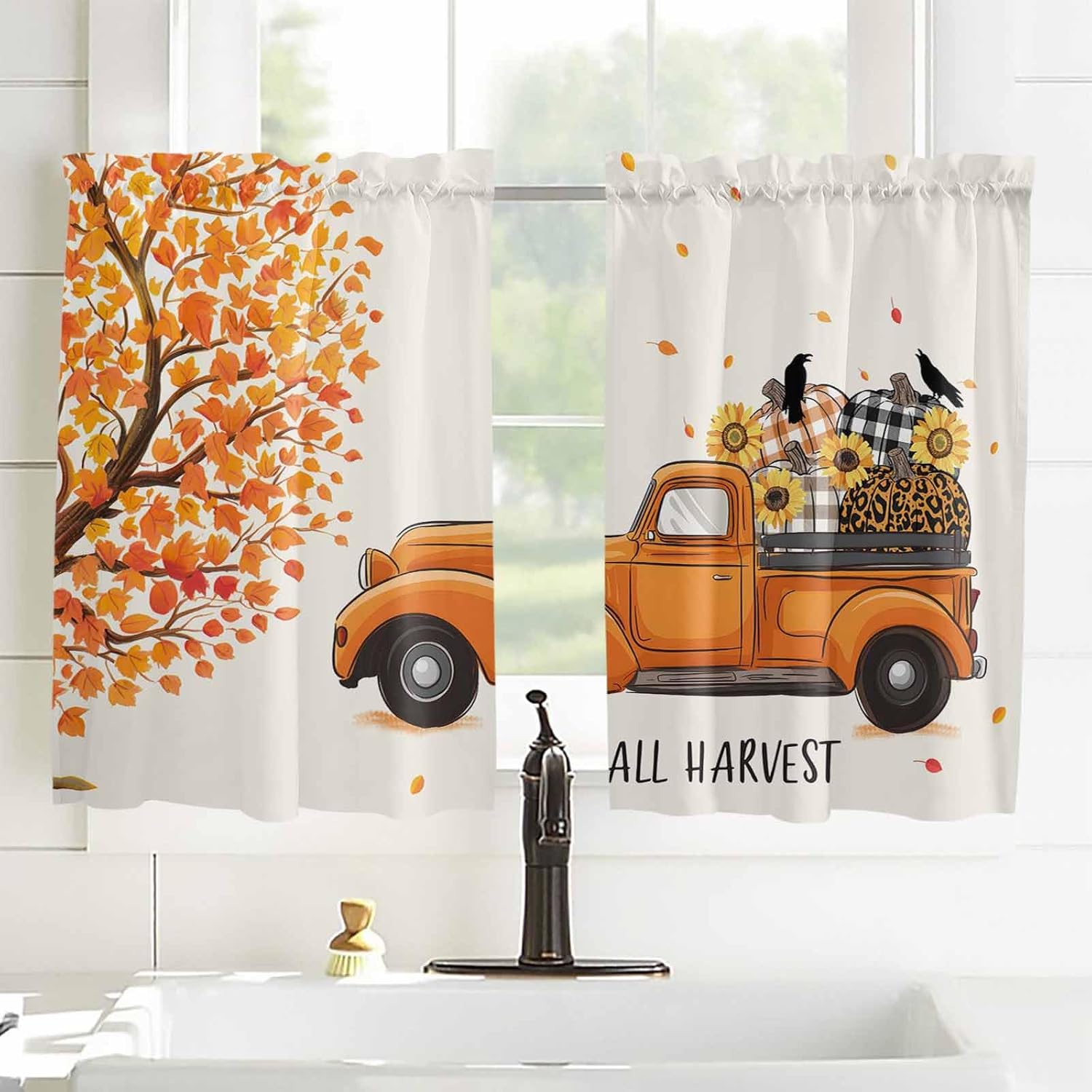 Thanksgiving Pumpkins Kitchen Curtains, Fall Maple Leaves Country Truck Harvest Light Filtering Window Curtain, 2Pcs Rod Pocket Window Treatments Set for Study Room Bathroom Bedroom 52x54 Inches