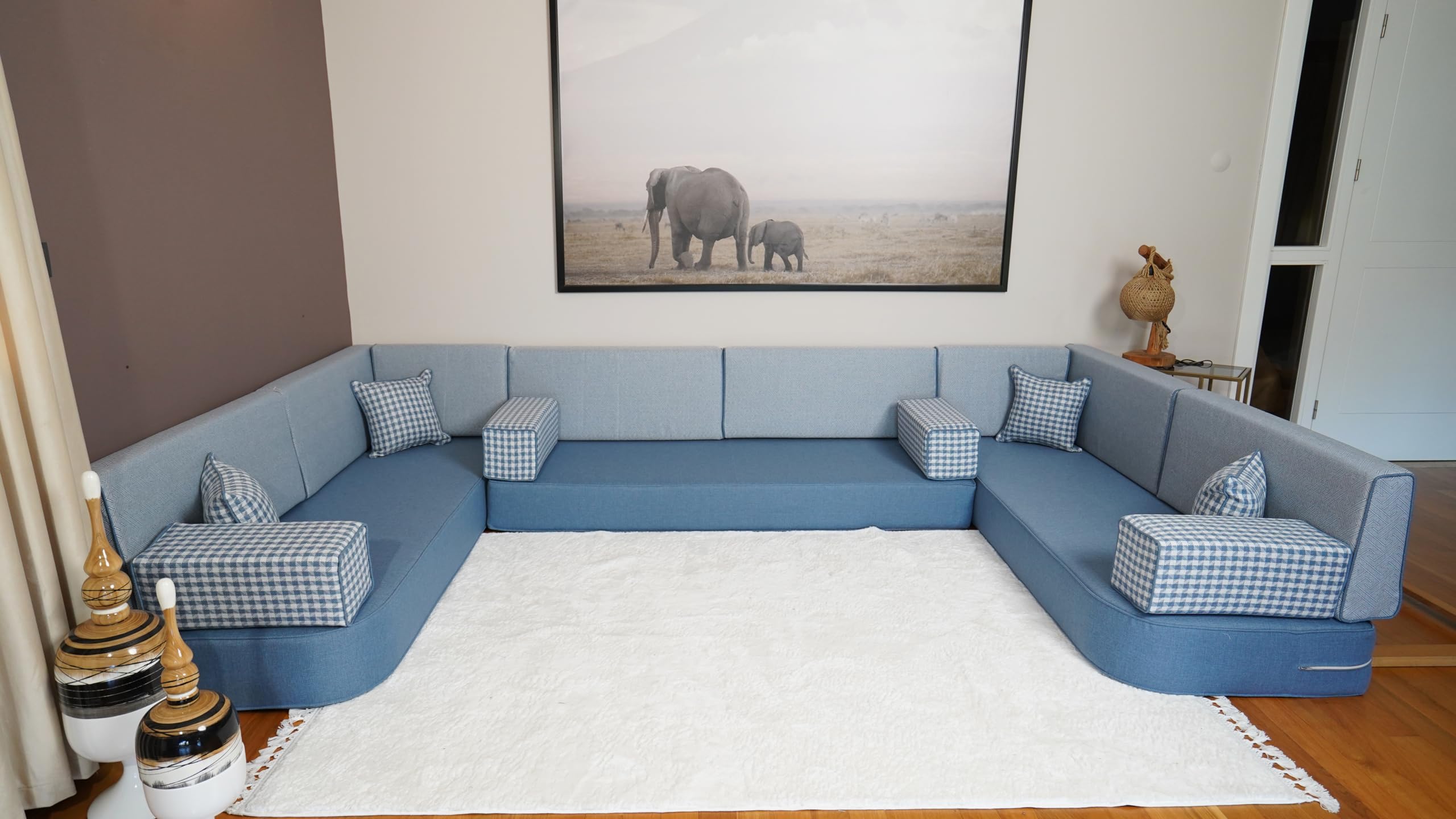 Arabic Floor Cushion, Majlis Sofa, Bench Cushion, Moroccan Sofa Set, Turkish Floor Sofa, Floor Seating, Sofa Set Living Room, Diwan Sofa (8'' Thickness Sofa, U Sofa Only, Blue)