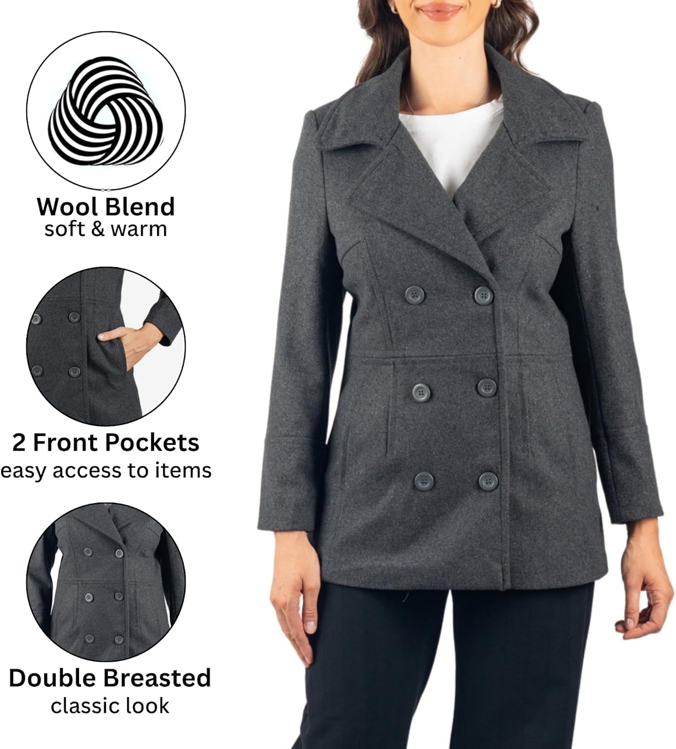 Alpine Swiss Emma Women's Wool Peacoat – Double-Breasted 3/4 Length Overcoat, Stylish & Warm Blazer for Fall & Winter - Image 4