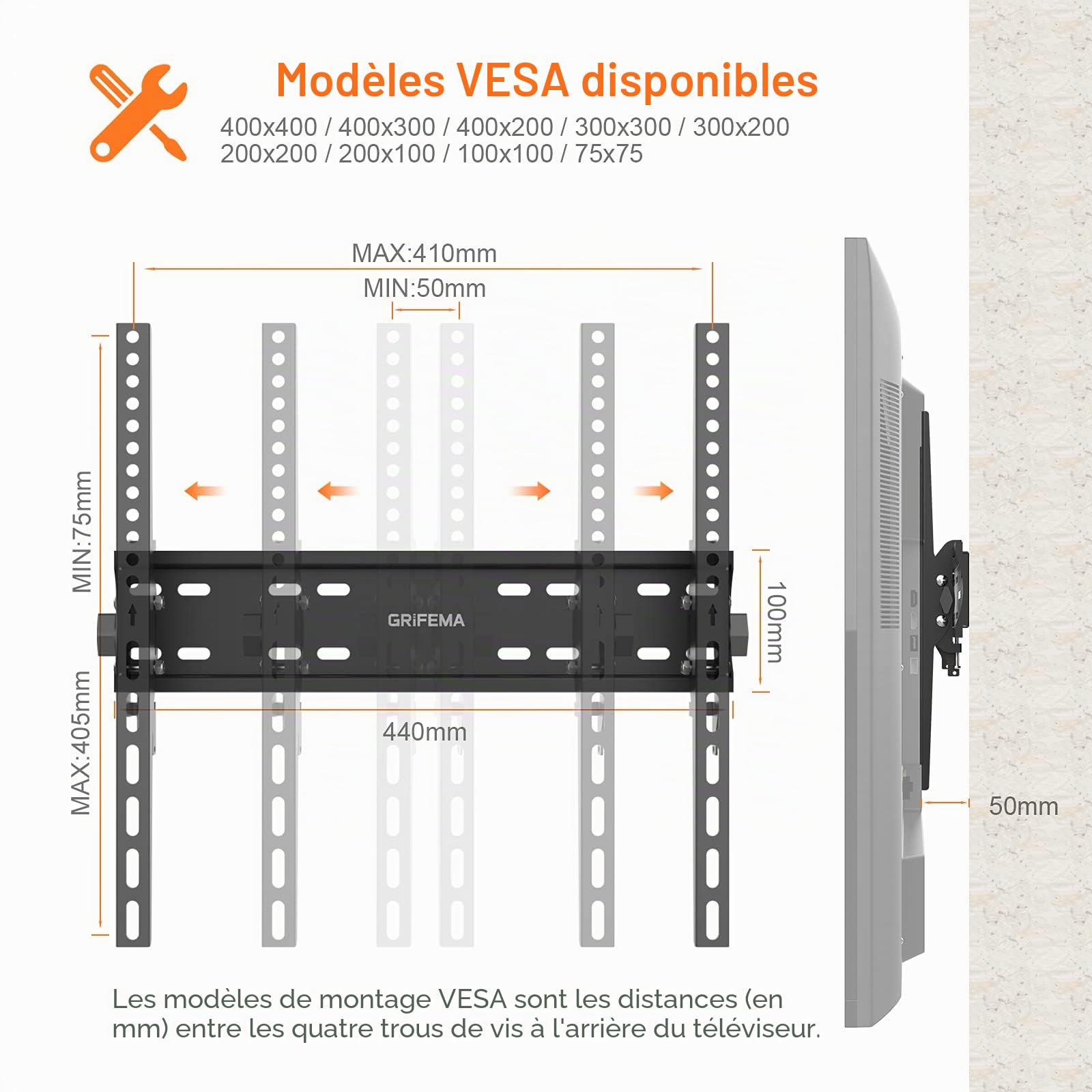GRIFEMA Support Mural TV 26-65 Pouces - Fixation Murale TV Peut Contenir Jusqu'à 50KG, Accroche Television Mural Inclinable (± 15°) et Étend, Support Vesa 400x400mm Universel pour TV Plat / Incurvé