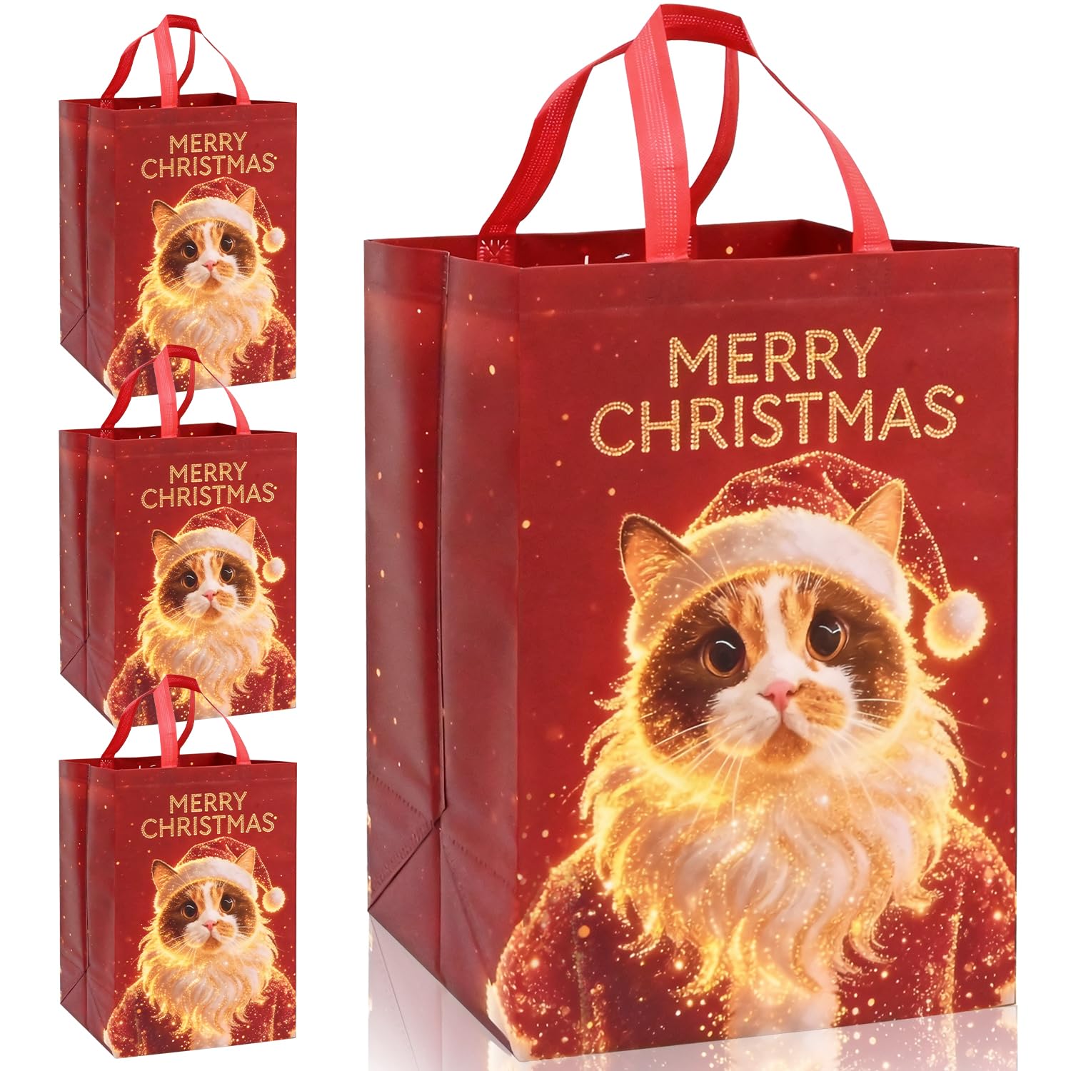 Large Gift Bags,4 Pack Red Lighting Christmas Tote Bags with Cute Cat