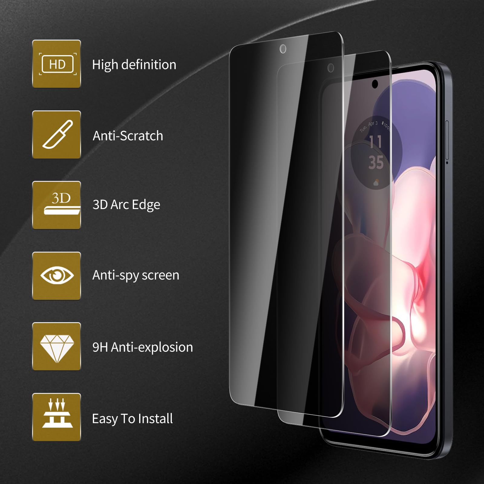 3-pak ochraniaczy ekranu do Motorola Moto G Power 5G 2024 z 3 osłonami obiektywu aparatu, folia ze szkła hartowanego Anti Spy, twardość 9H, czarna osłona, odporna na zarysowania, bez