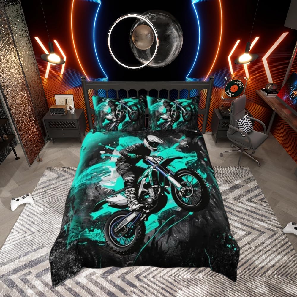 Homemissing Dirt Bike Duvet Cover for Kids Boys Girls Super King, Graffti Motorbike Bedding Set Sports Comforter Cover Motocross Bedspread Cover Boys Bedroom Decor 3Pcs With 2 Pillow Case