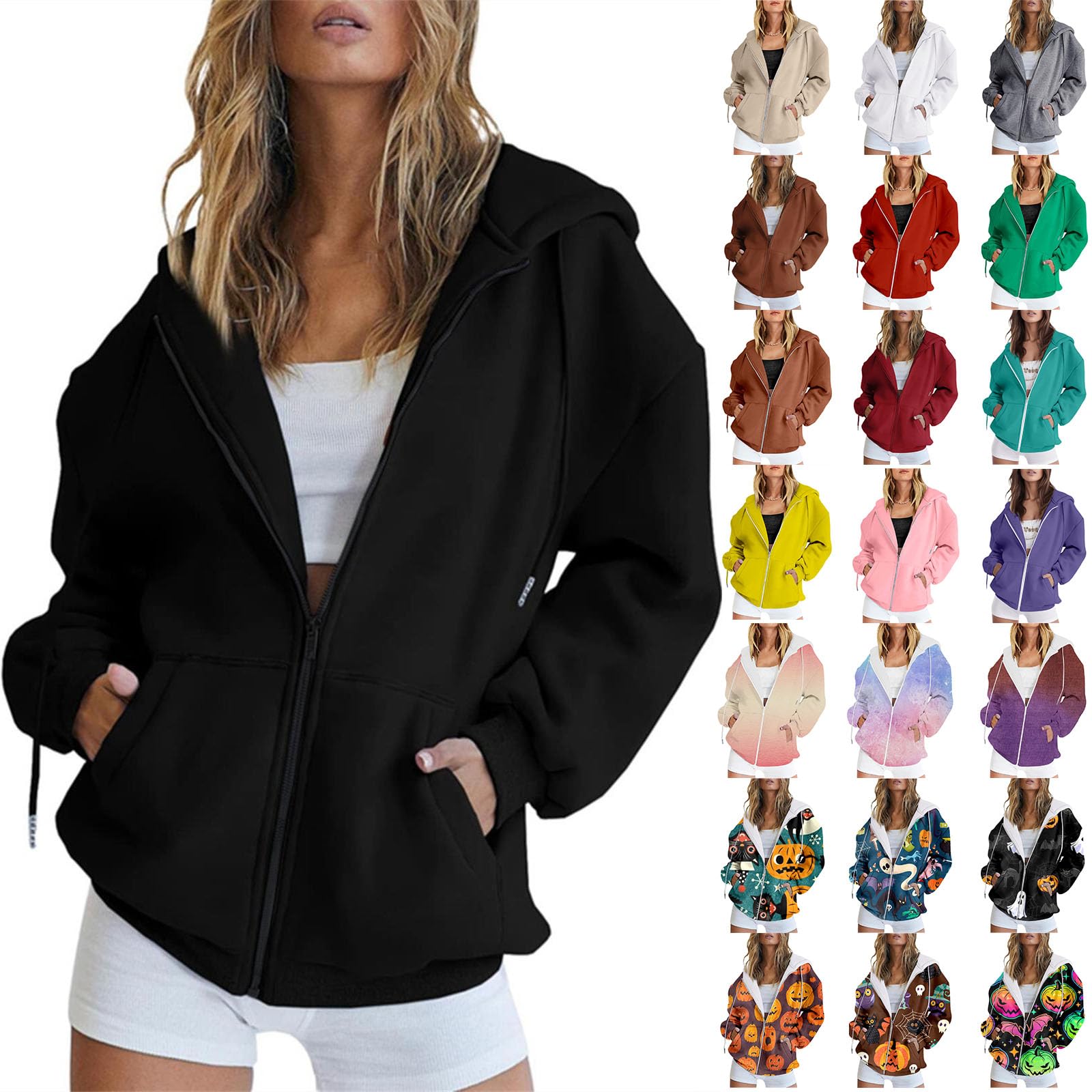 Hoodies for Women UK Long Sleeve Tops Oversized Casual Plus Size Zip Up Open Front Hooded with Pockets Sweatshirts Halloween Costumes Halloween Outfit