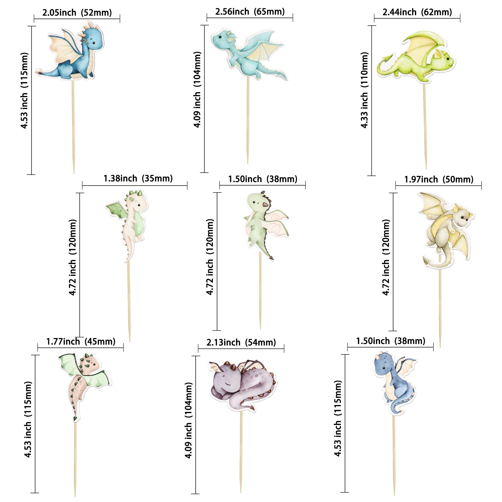 Ephlyn 36Pcs Dragon Party Cupcake Toppers Dragon Birthday Party Decoration Fantasy Dragon Cake Decorations for Flying Dragon Baby Shower Supplies